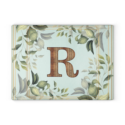 Monogram Glass Cutting Board — Rustic Wood “R” with Greenery Border