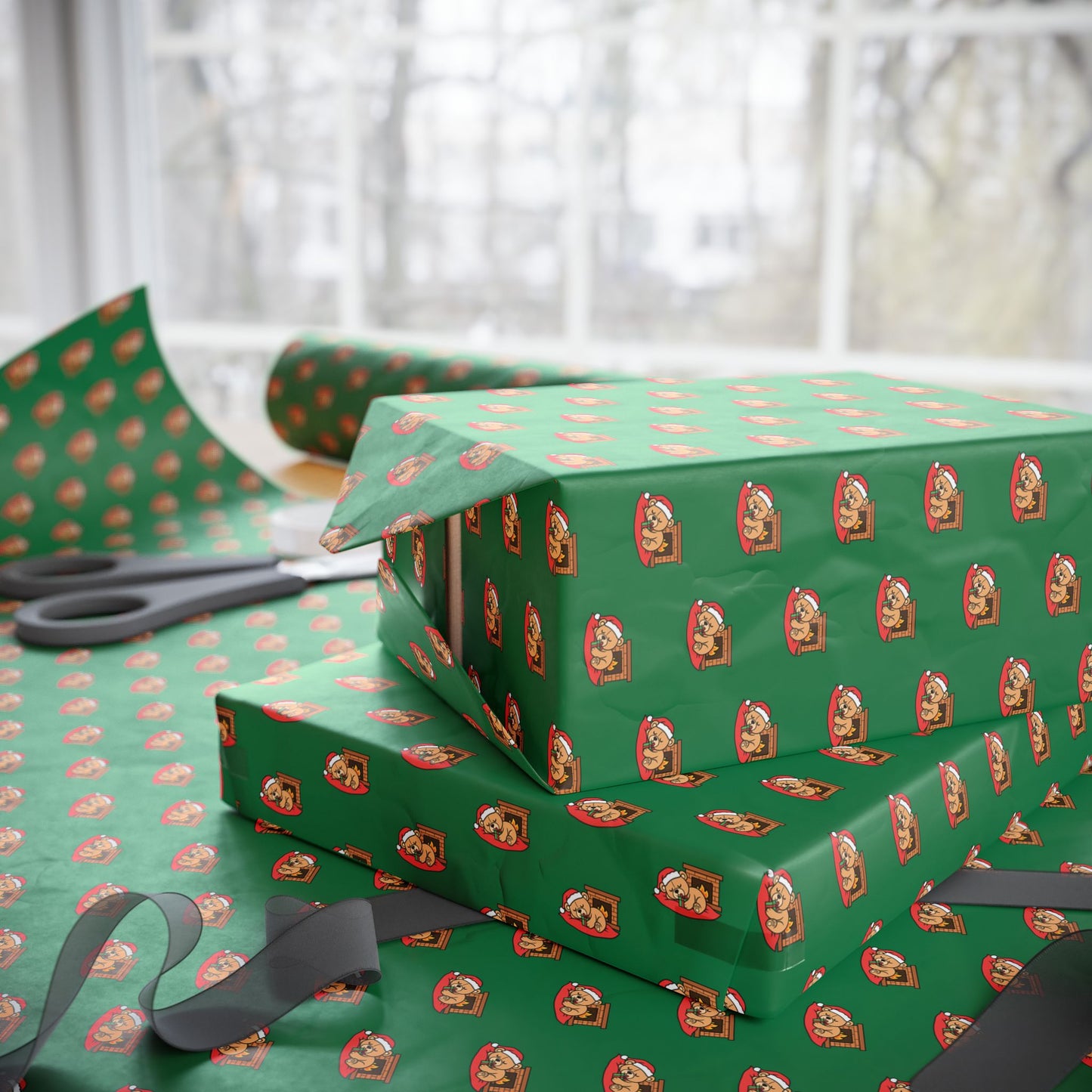 Christmas Green Wrapping Paper Roll with Festive Santa Face Pattern