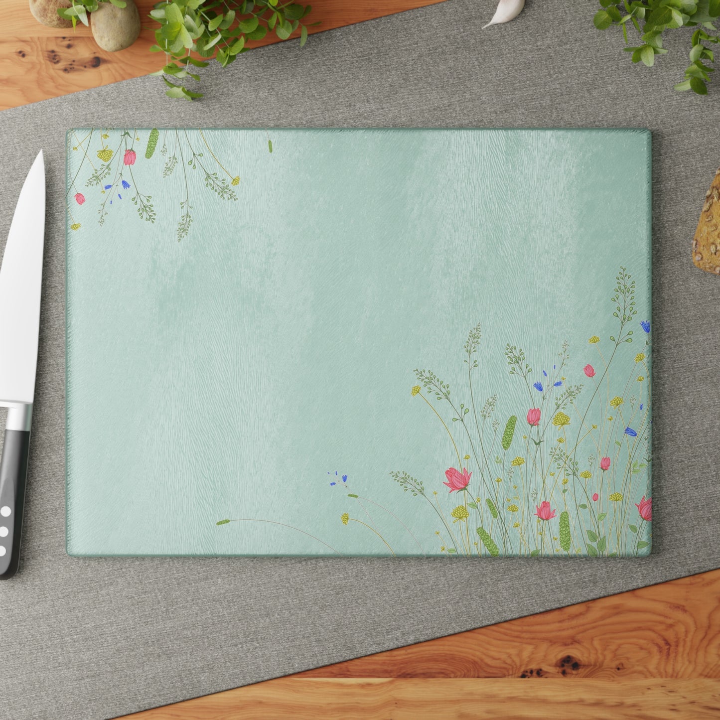 Floral Meadow Glass Cutting Board — Pastel Wildflower Kitchen Board