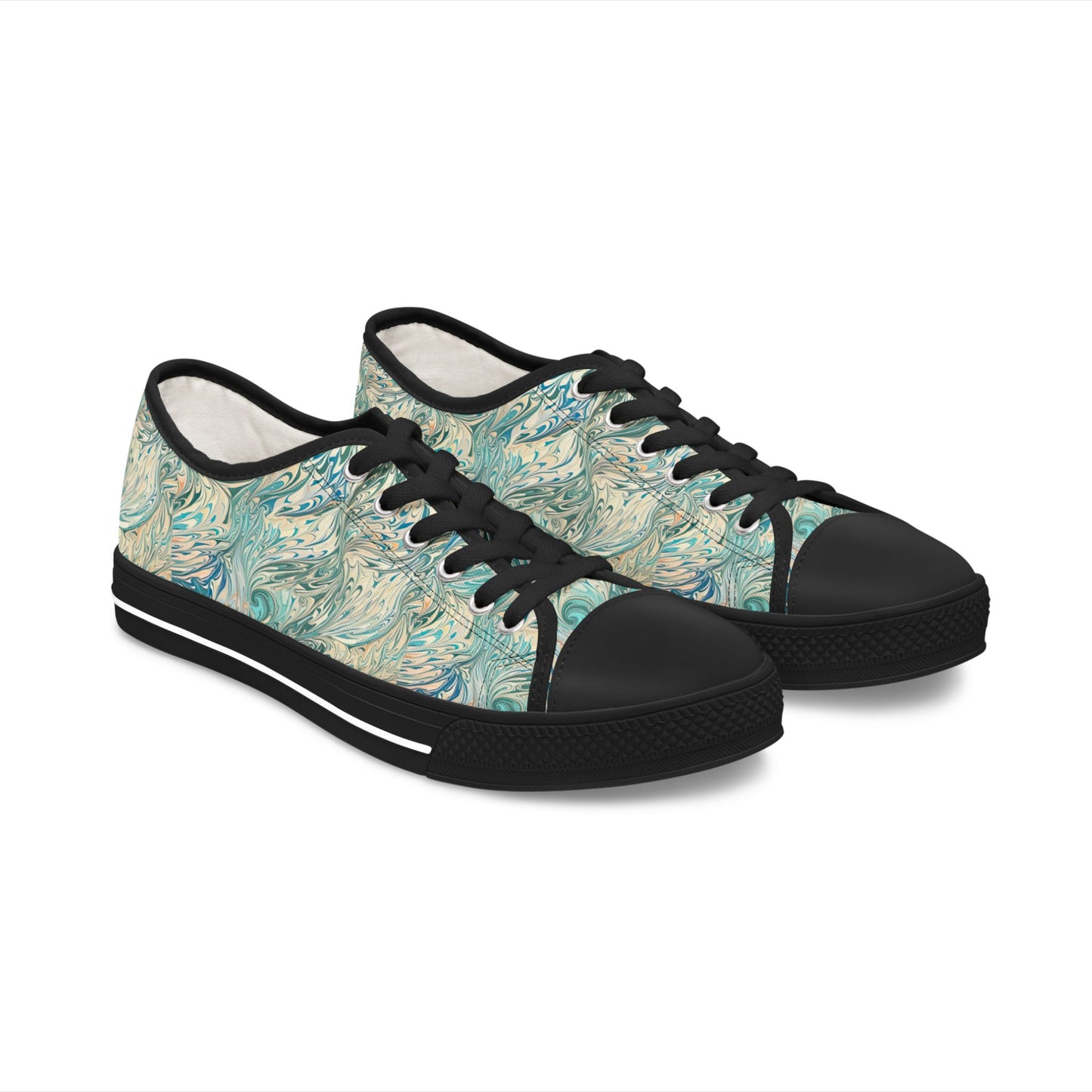 Low Top Sneakers — Teal Swirl Floral Pattern Casual Shoes