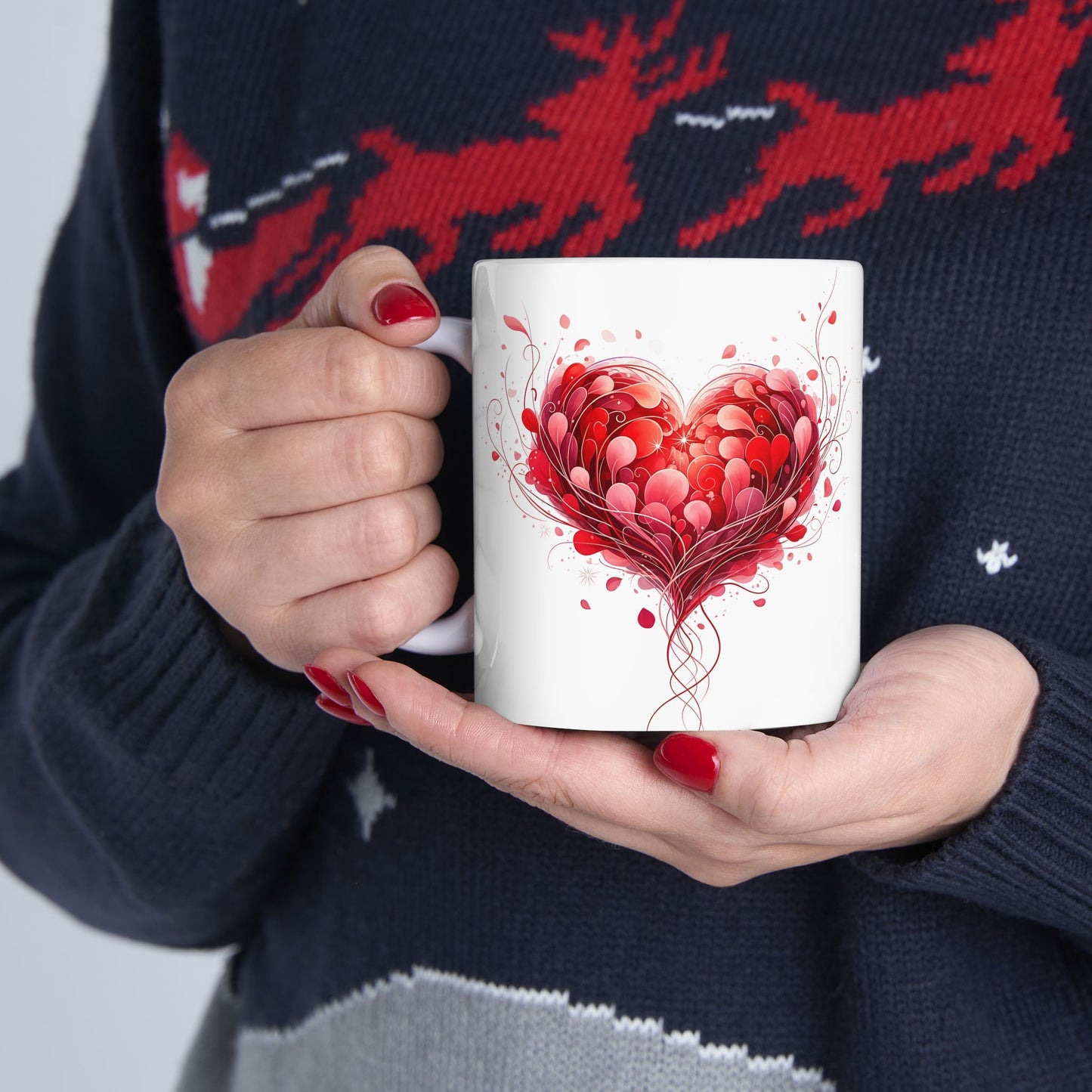 Heart Blossom Ceramic Mug — Red Floral Heart Coffee Cup (11oz, 15oz)