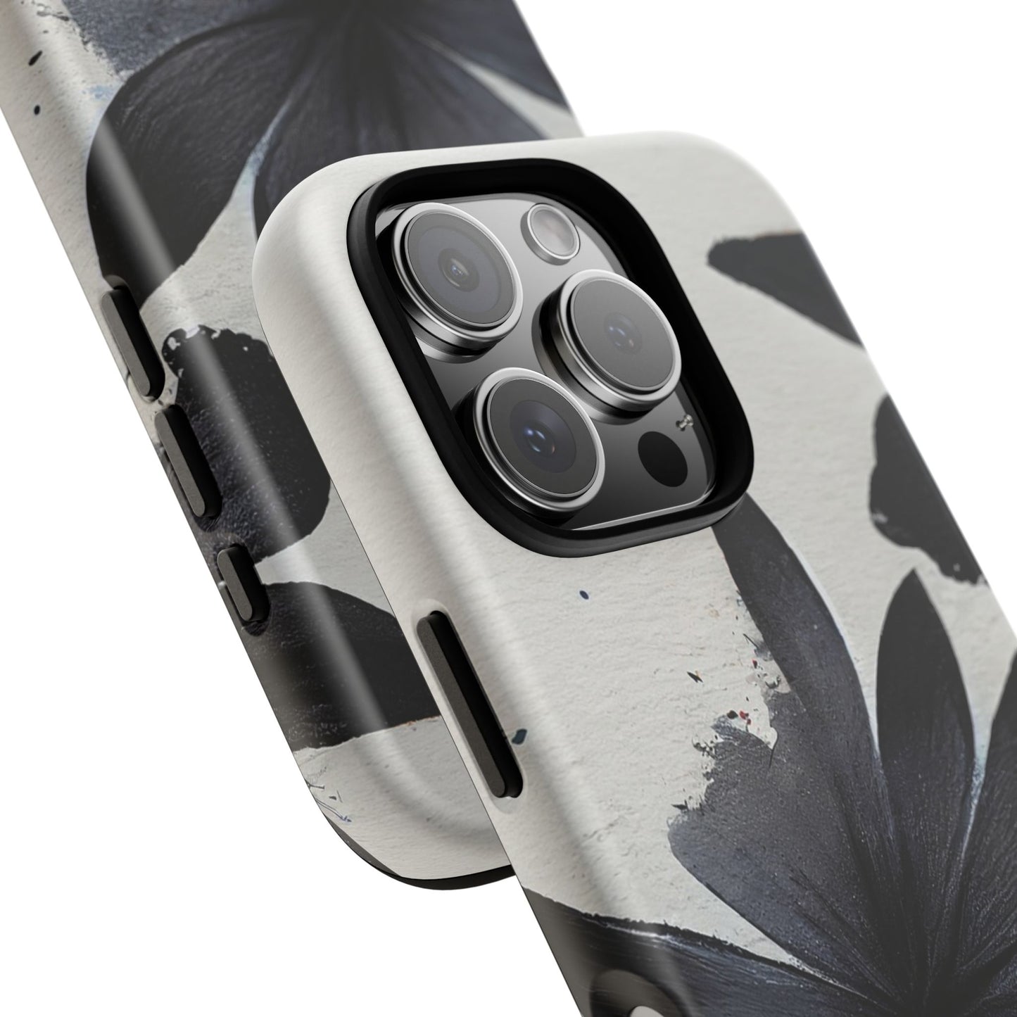 Monochrome Floral Tough Phone Case — Black Ink Flower Protective Cover