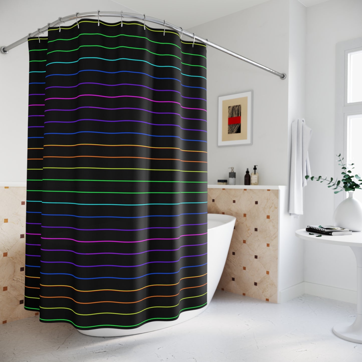 Neon Rainbow Stripe Shower Curtain — Black Background, Modern Geometric Bathroom Decor