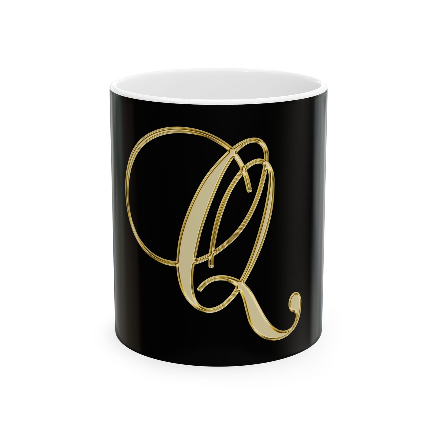 Gold Script Letter Q Mug — Elegant Monogram Ceramic Coffee Cup (11oz, 15oz)