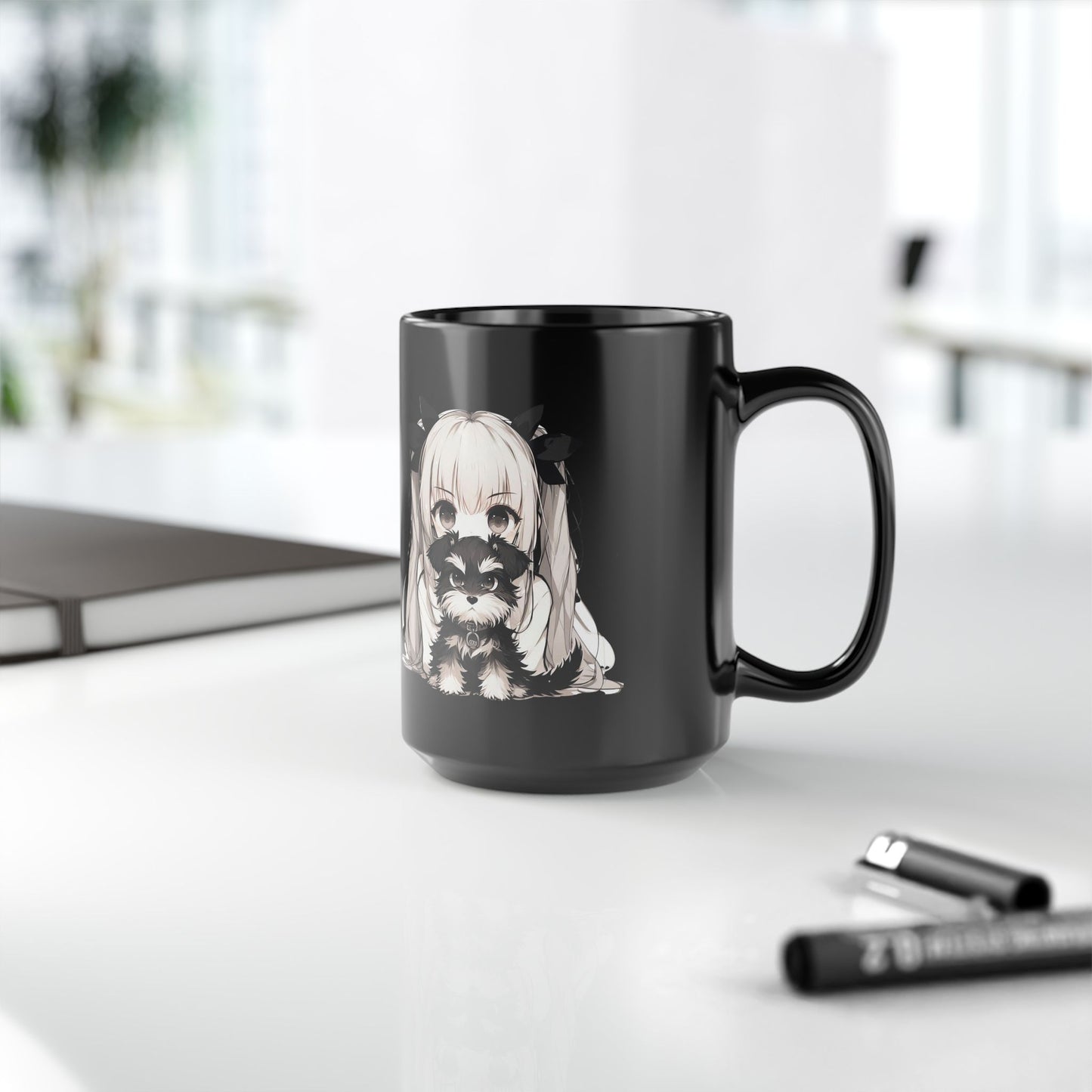Cute Anime Girl with Raccoon 15oz Black Mug