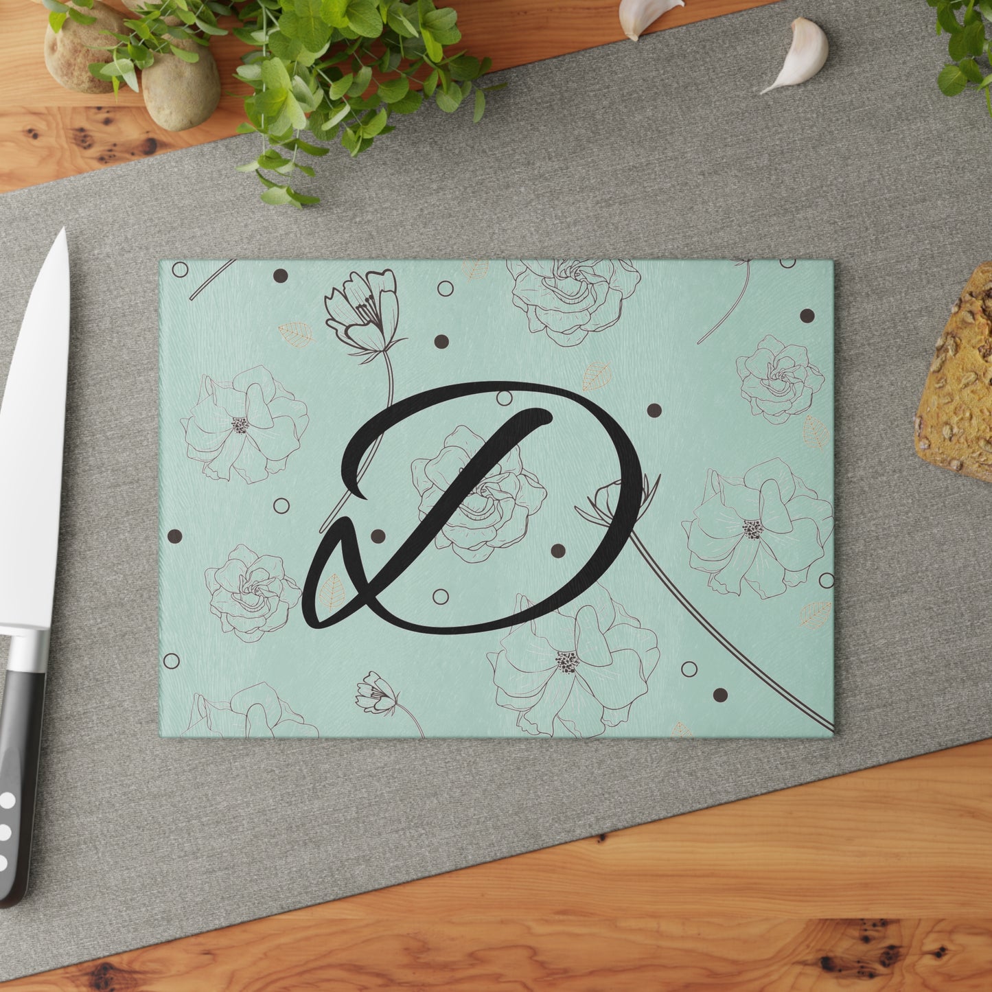 Personalized Floral Glass Cutting Board Letter D
