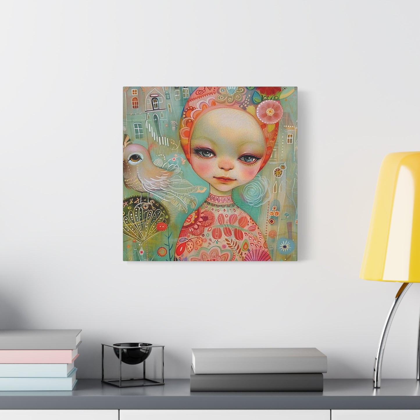 Whimsical Girl & Bird Matte Canvas Wall Art — Stretched Decorative Painting