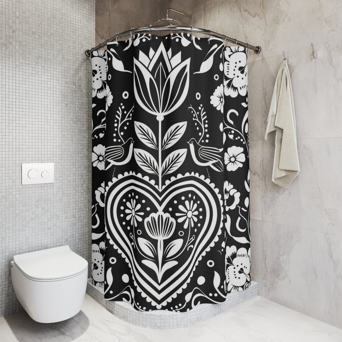 Folk Heart Black & White Shower Curtain — Scandinavian Floral Tulip Design