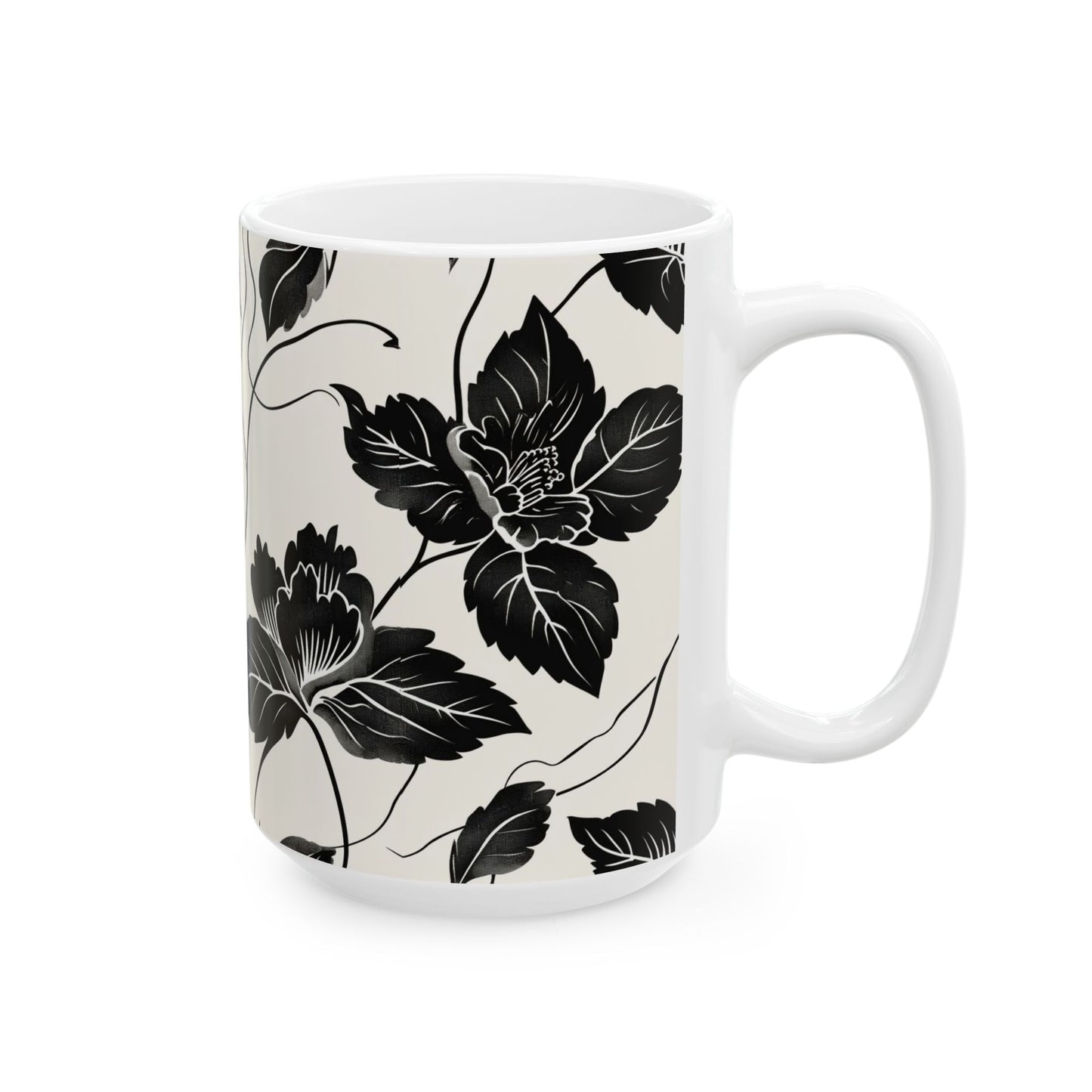 Black Floral Ceramic Mug — Monochrome Vintage Flower Coffee Cup (11oz & 15oz)