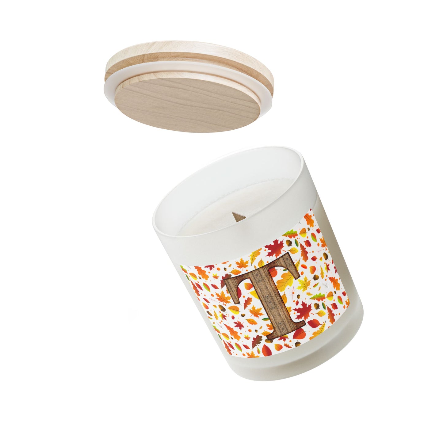 Autumn Leaves Monogram Candle — Frosted 11oz Soy Candle with Wood 'T' Initial