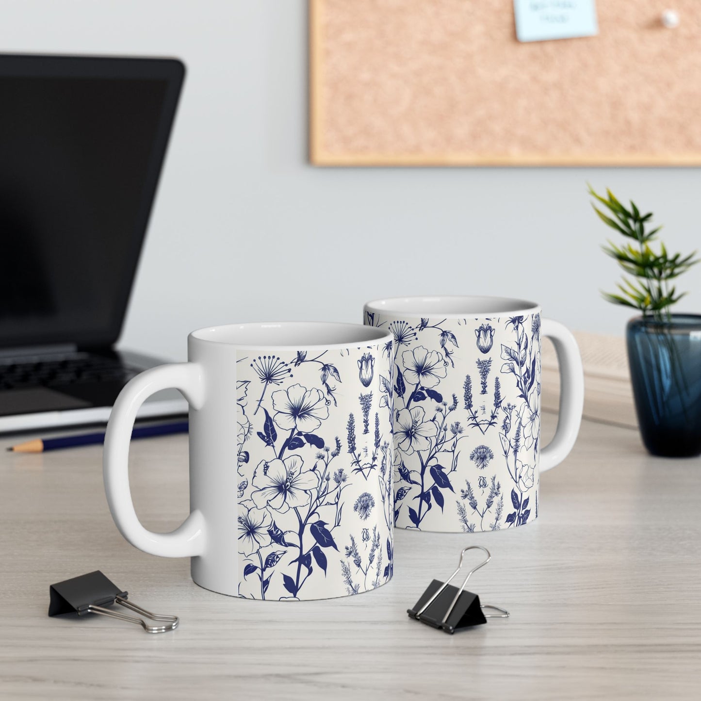 Blue Floral Ceramic Mug — Vintage Navy Botanical Coffee Cup (11oz, 15oz)