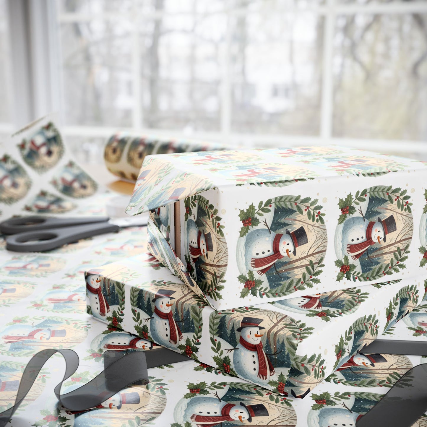 Snowman Wreath Christmas Wrapping Paper Roll — Festive Holiday Gift Wrap