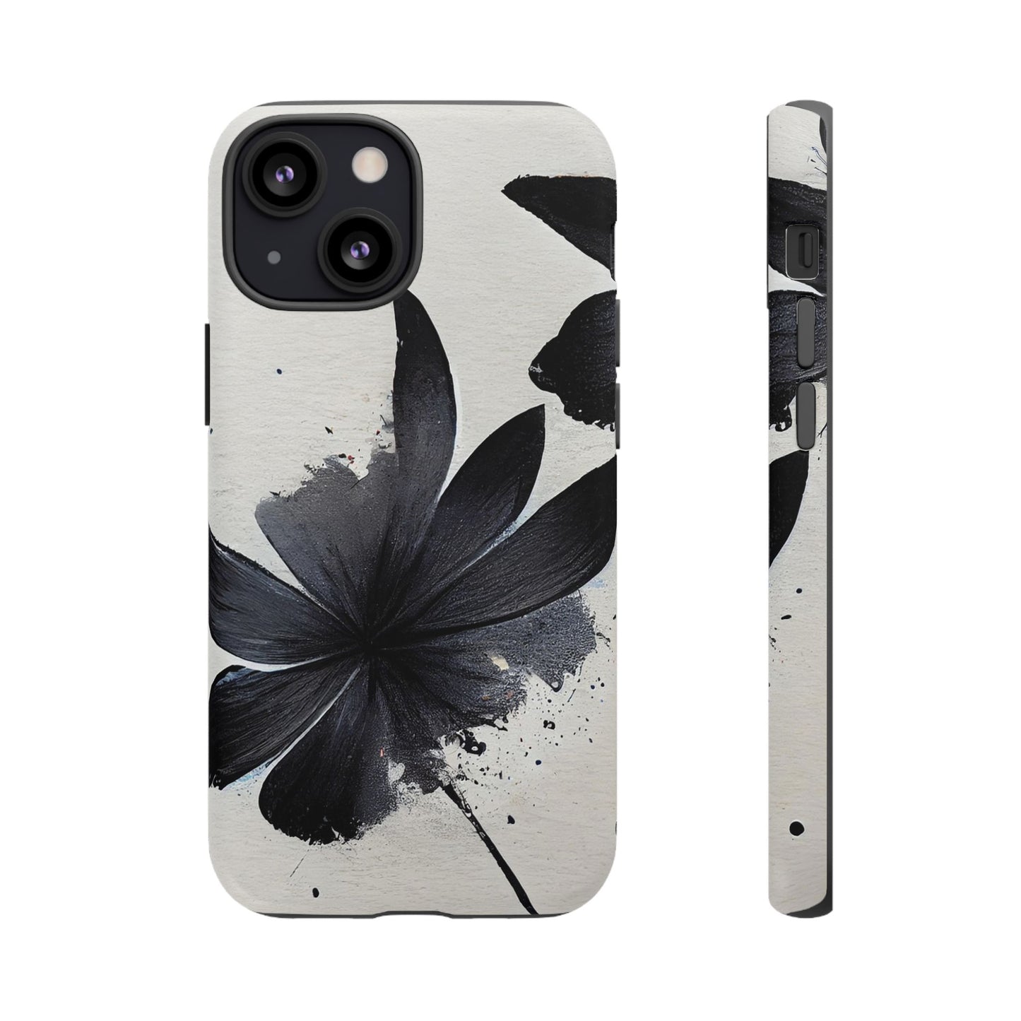 Monochrome Floral Tough Phone Case — Black Ink Flower Protective Cover
