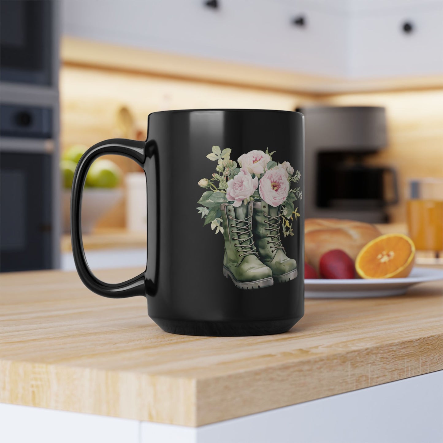 Floral Combat Boots Black 15oz Mug — Rustic Military Flower Coffee Cup