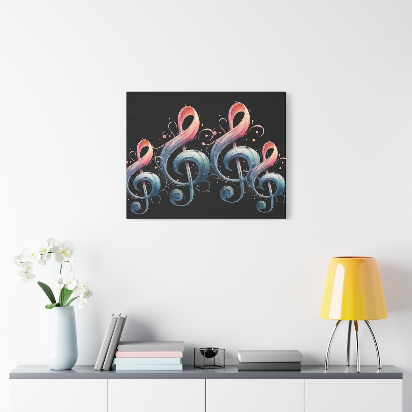 Musical Treble Clef Canvas Wall Art — Pastel Ribbon Notes on Black