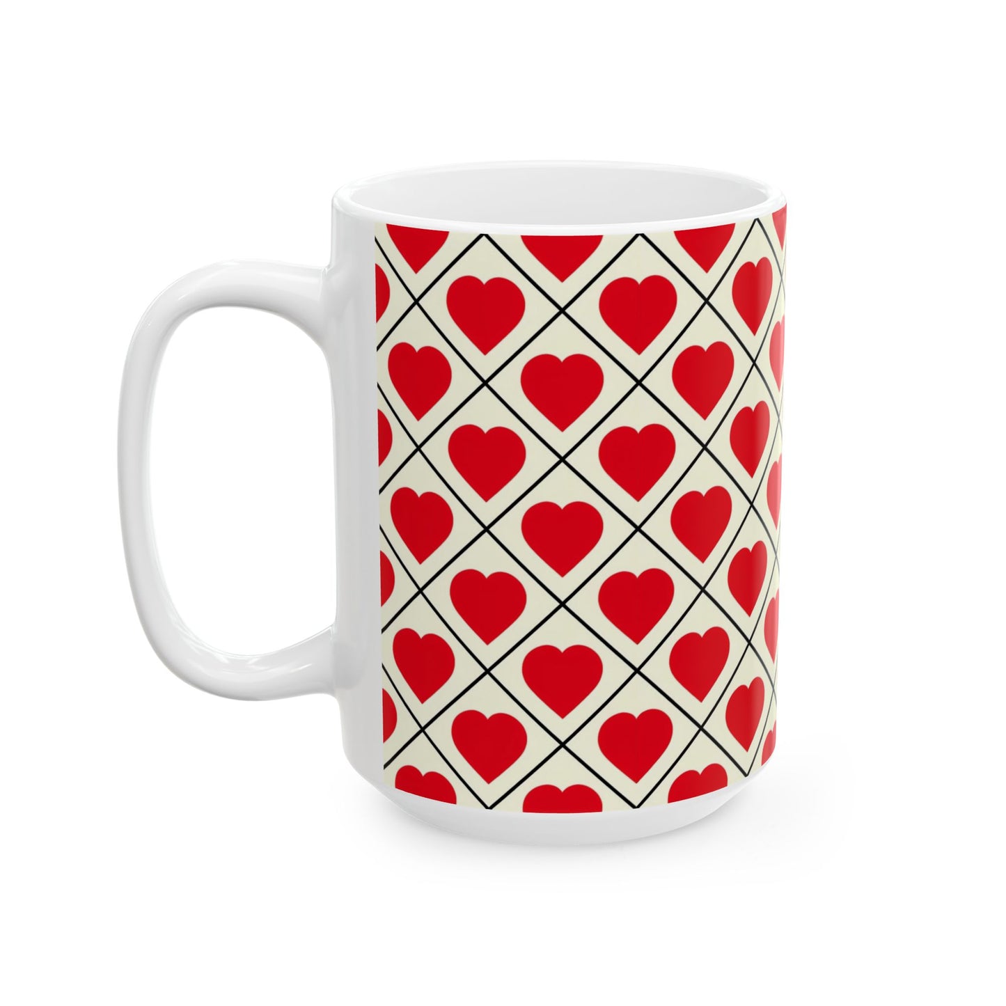 Heart Pattern Ceramic Mug – Red Hearts Grid Coffee Cup (11oz, 15oz)