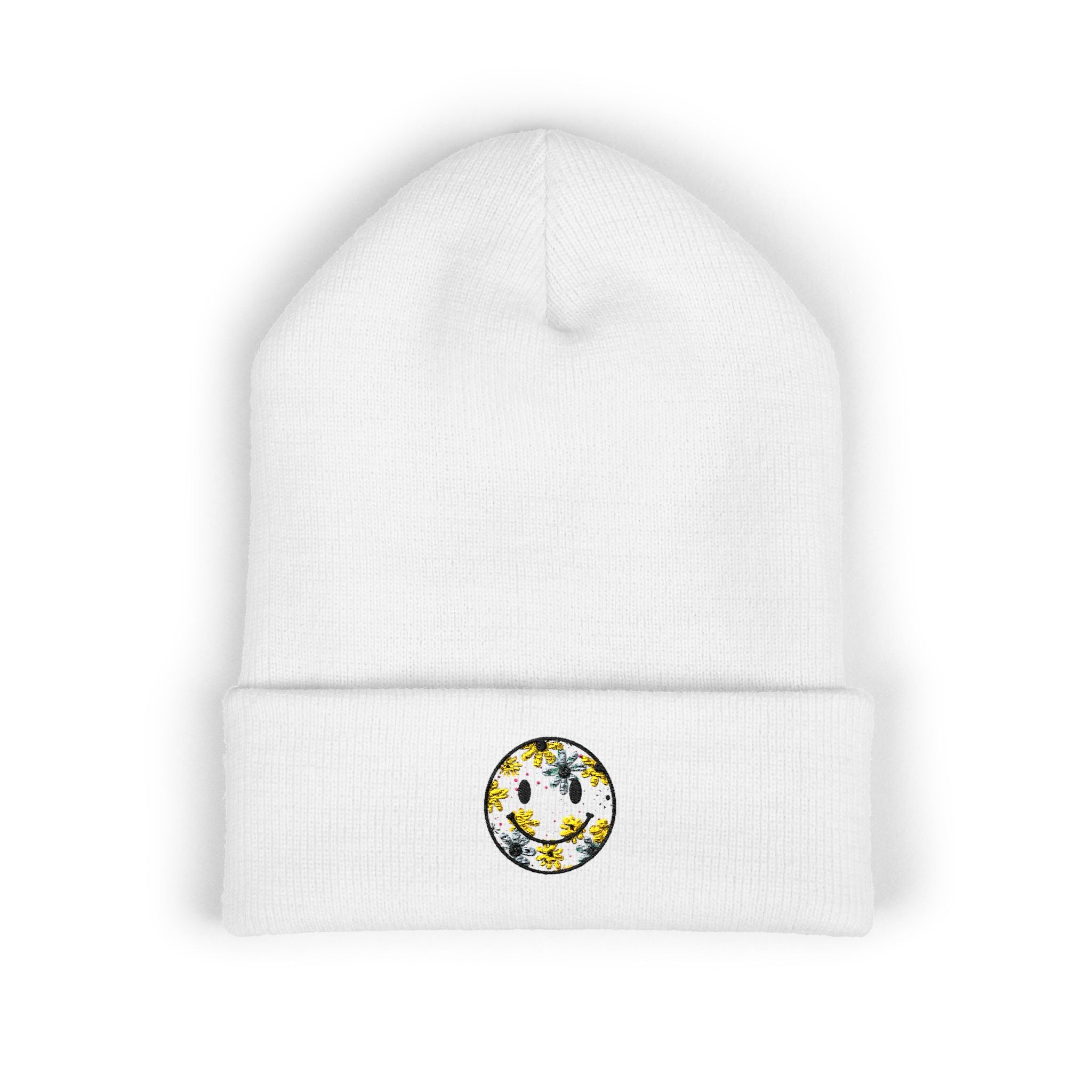 Smiley Daisy Embroidered Beanie — Cute Floral Smile Patch Cuffed Hat