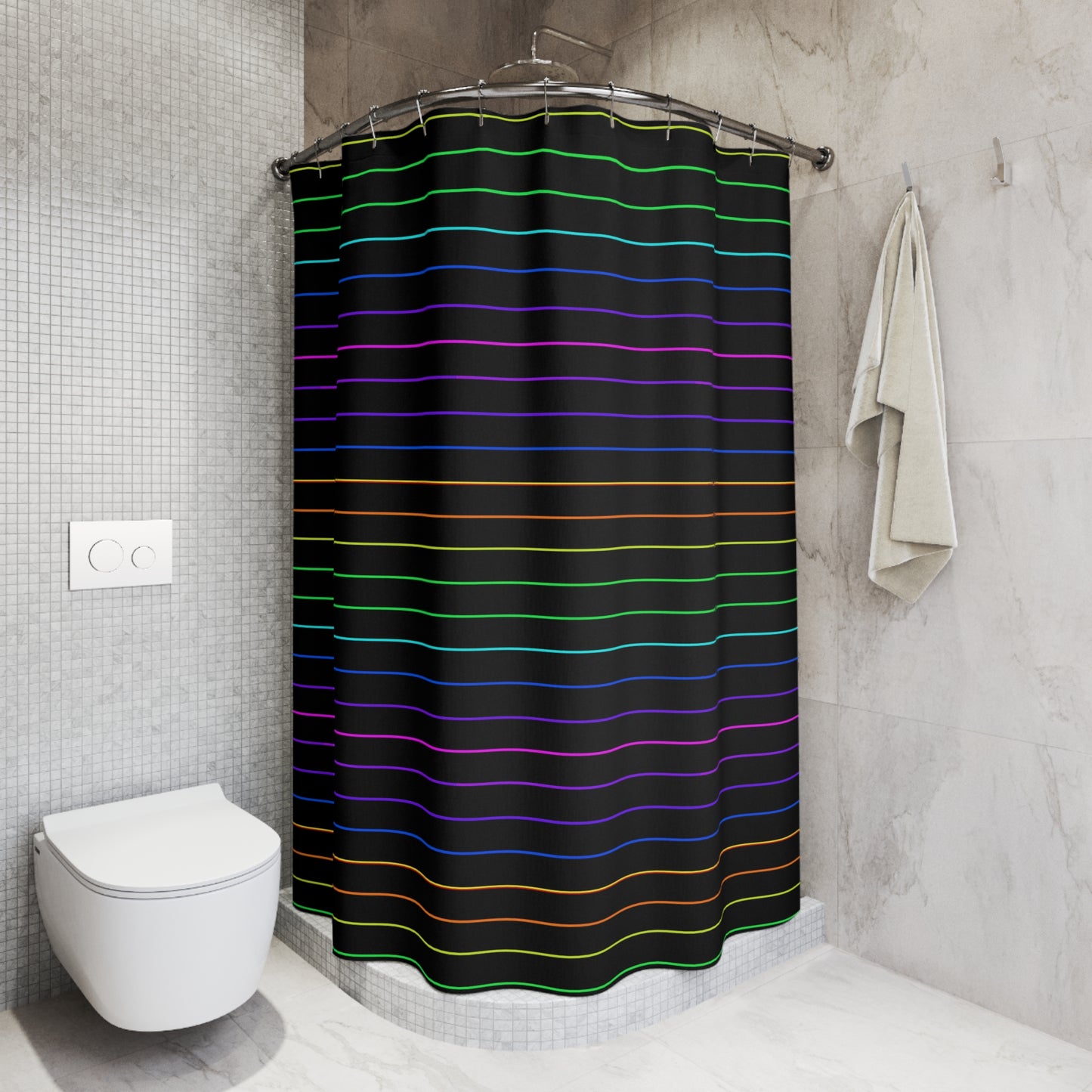 Neon Rainbow Stripe Shower Curtain — Black Background, Modern Geometric Bathroom Decor
