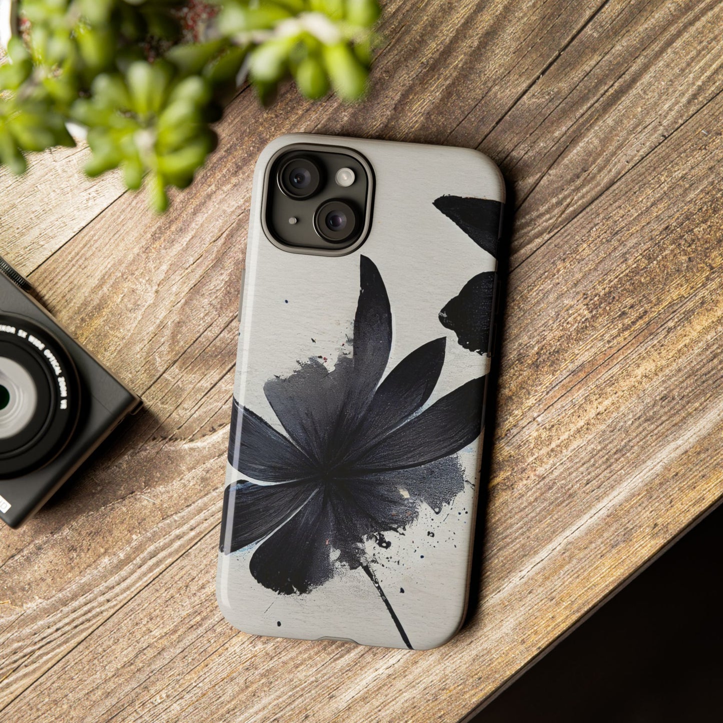 Monochrome Floral Tough Phone Case — Black Ink Flower Protective Cover