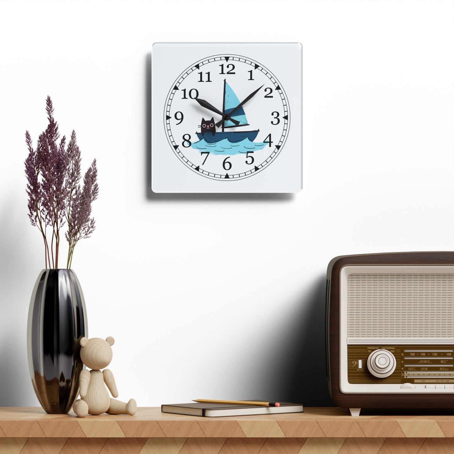 Sailing Cat Acrylic Wall Clock, Cute Home Decor