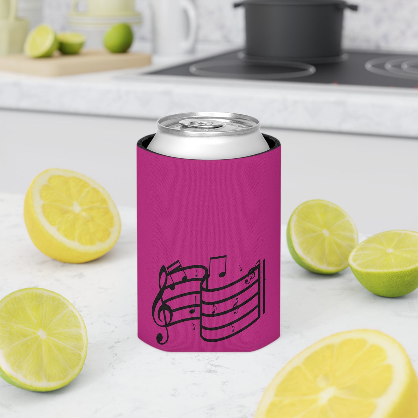 Musical Notes Can Cooler – Pink Neoprene Beverage Koozie for Music Lovers