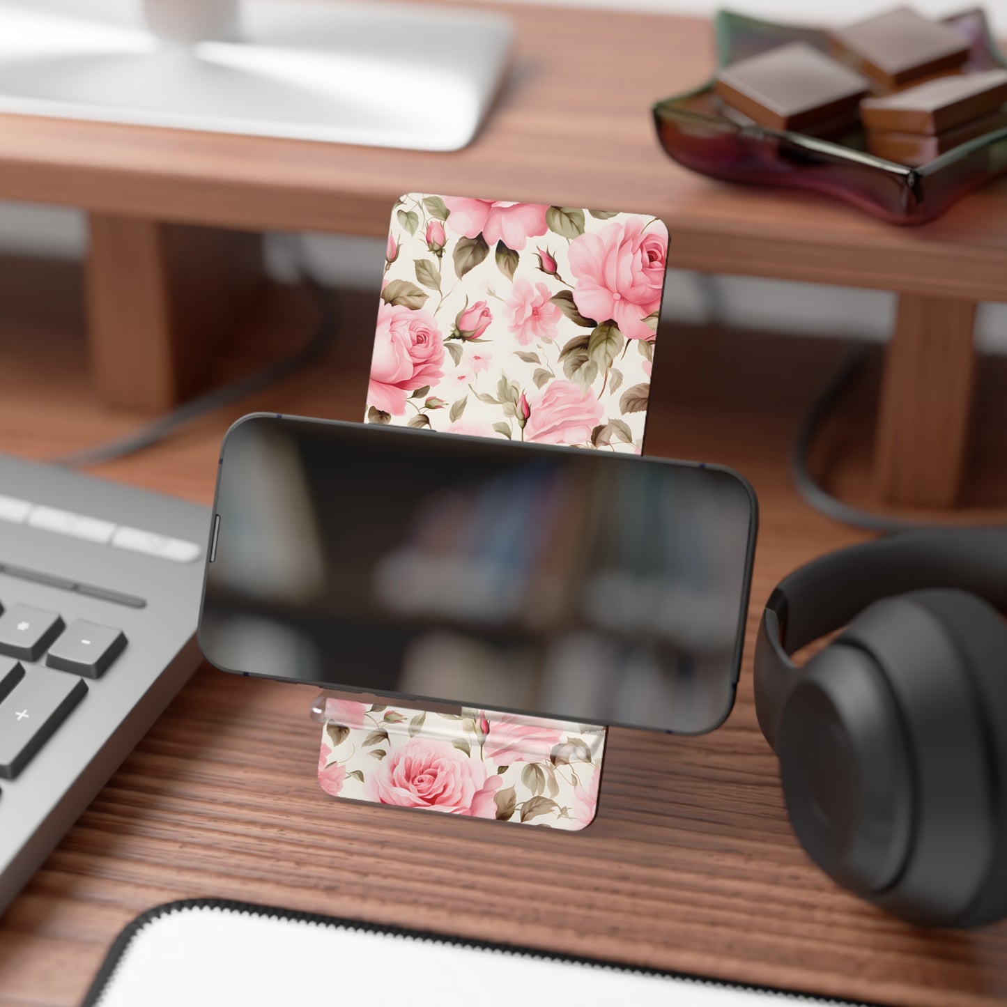 Floral Smartphone Stand, Elegant Pink Rose Display Holder for Desk, Phone Stand Gift, Home Office Decor, Mother's Day Present