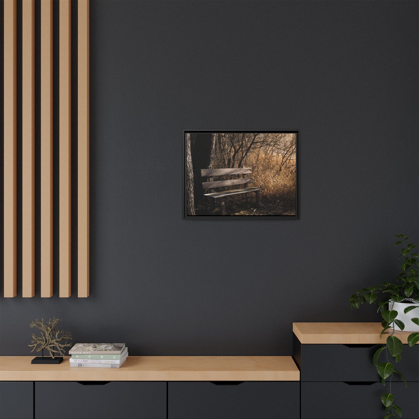 Framed Matte Canvas Print — Autumn Park Bench Photography