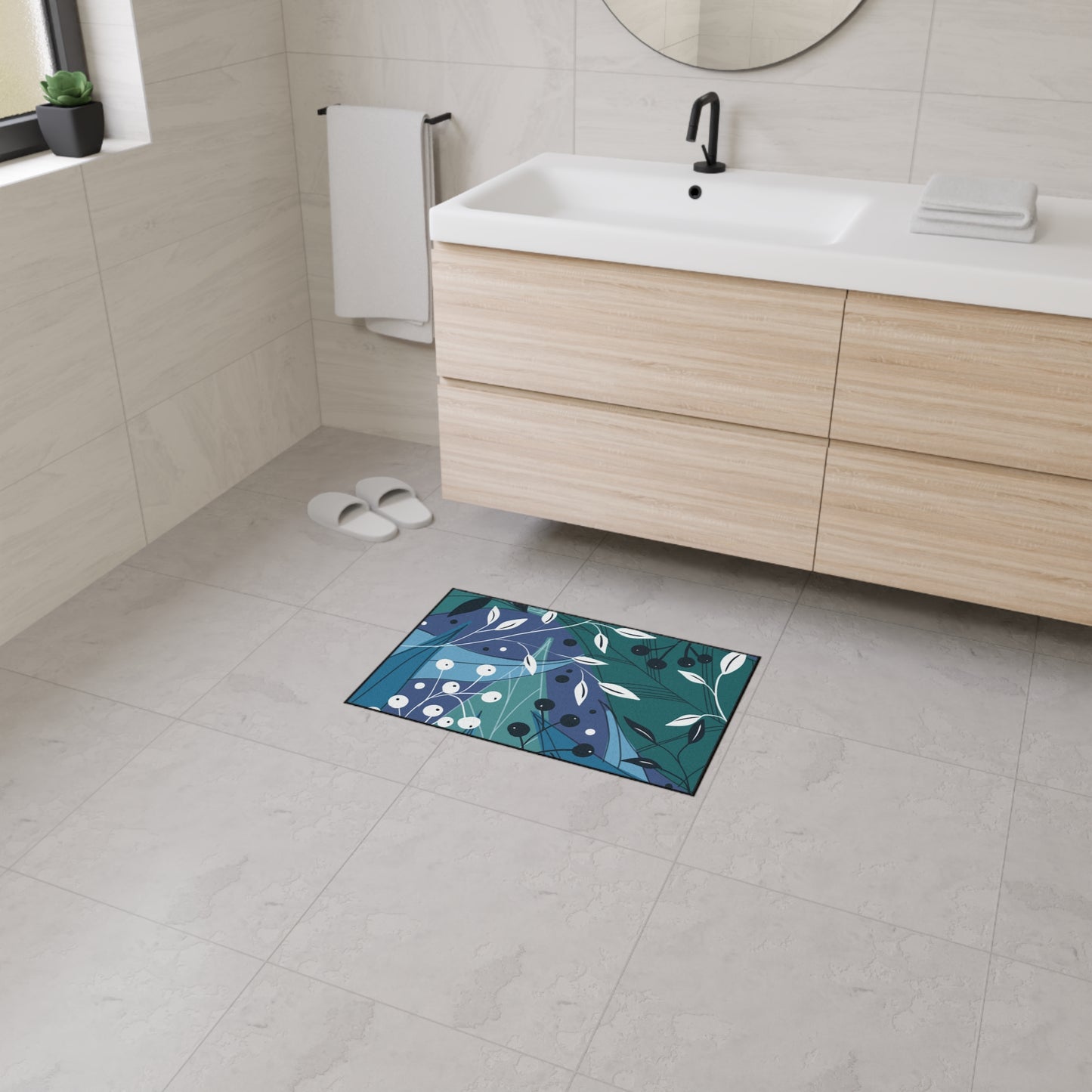 Botanical Blue Heavy-Duty Floor Mat — Durable Floral Entrance Rug