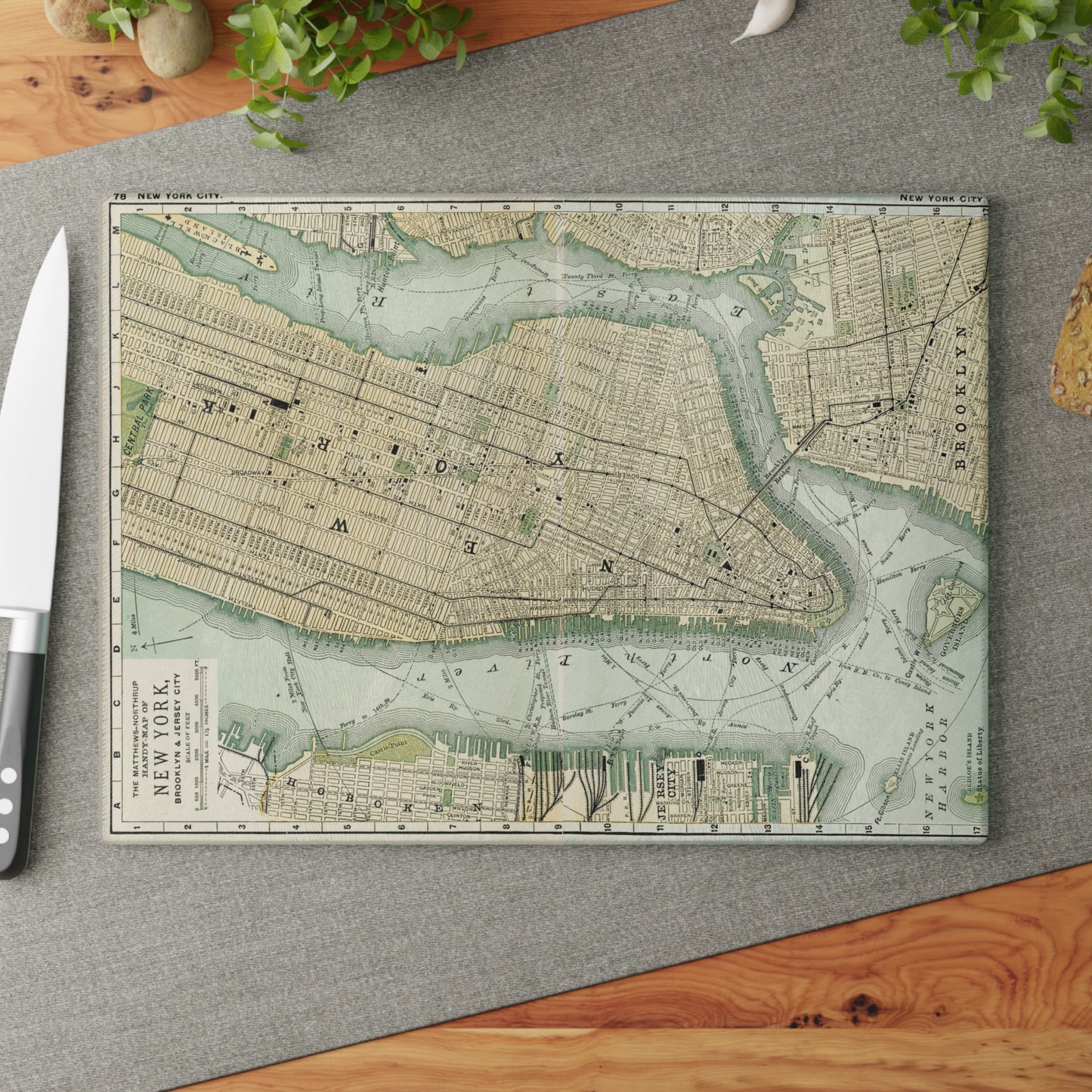 Vintage Map Glass Cutting Board — Antique New York City Map Kitchen Board