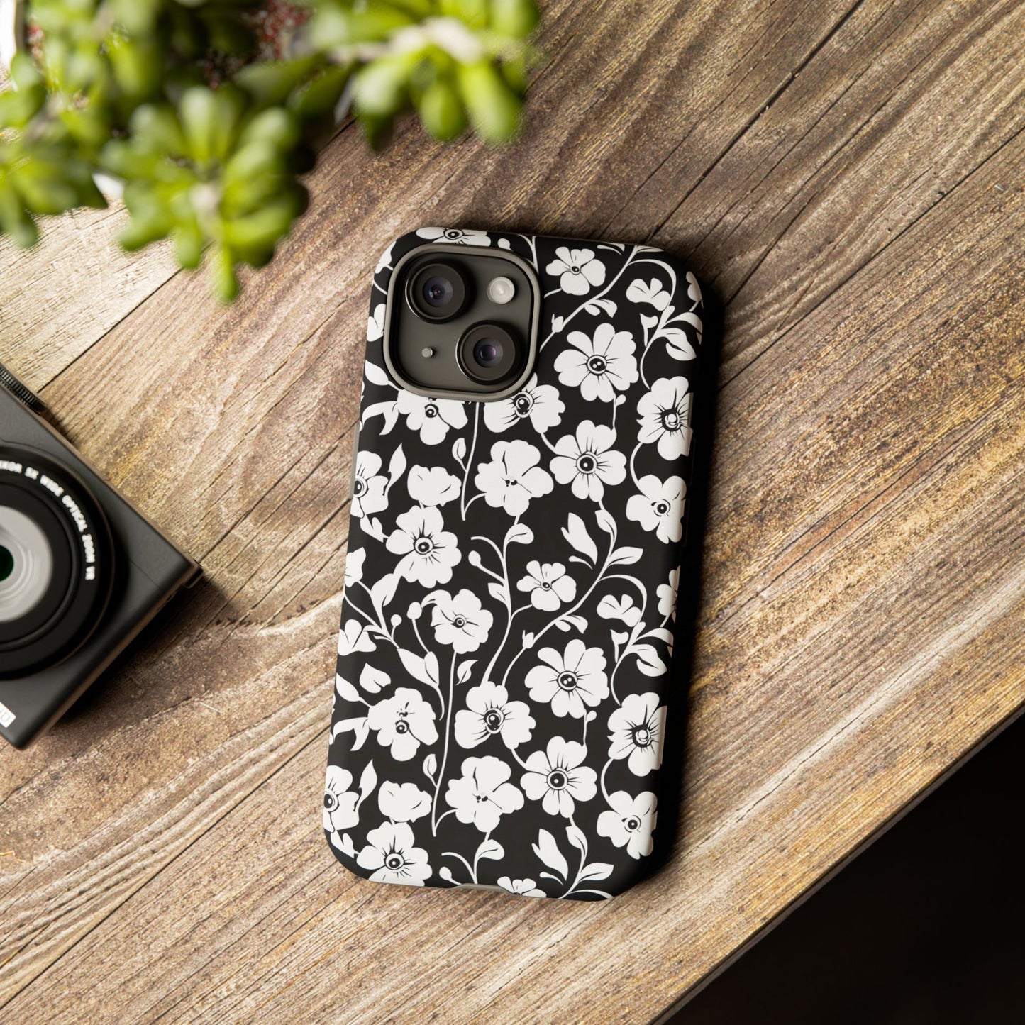 Floral Noir Tough Phone Case — Black & White Flower Protective Cover