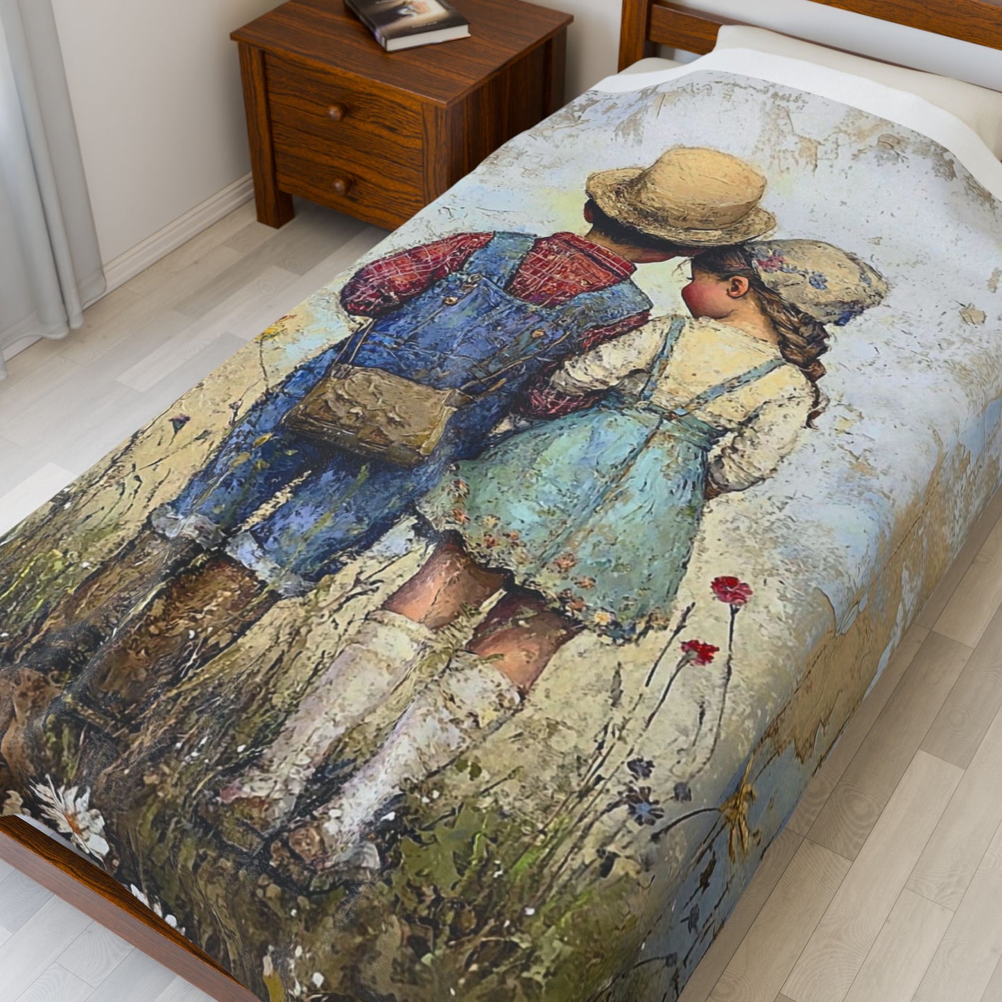 Vintage Children Standing Together Velveteen Plush Blanket — Rustic Nursery Throw