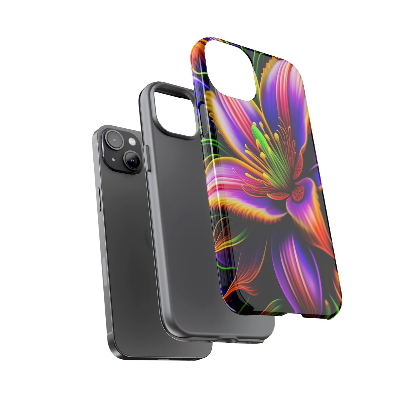 Floral Neon Tough Phone Case — Vivid Purple & Orange Lily Protective Cover