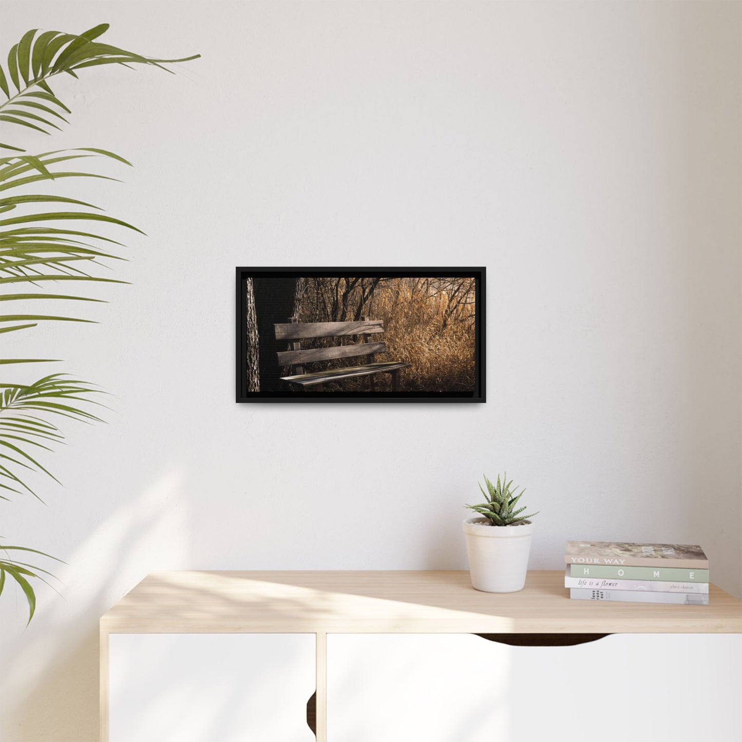 Framed Matte Canvas Print — Autumn Park Bench Photography