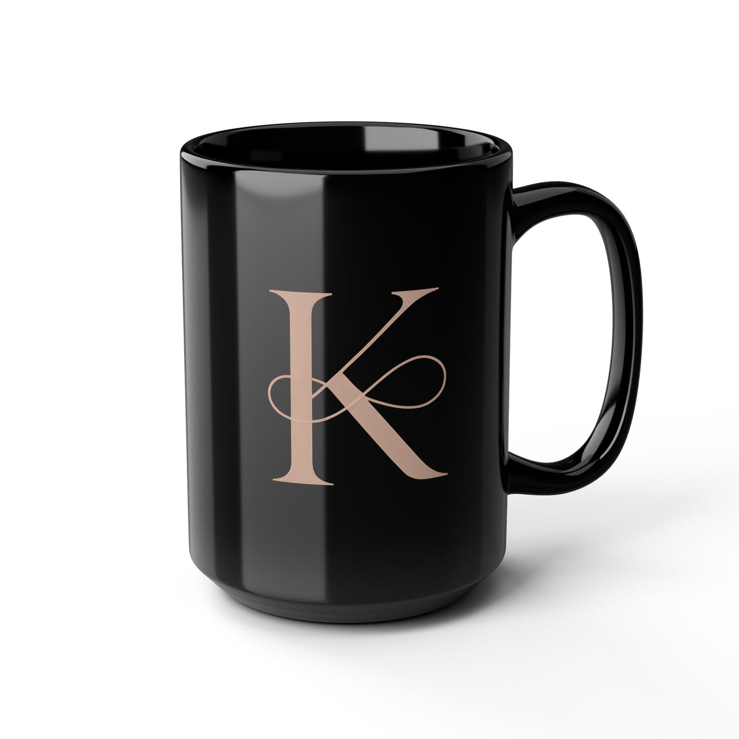 Monogram K Black Ceramic Mug – Elegant Rose Gold Initial Coffee Cup, 15oz