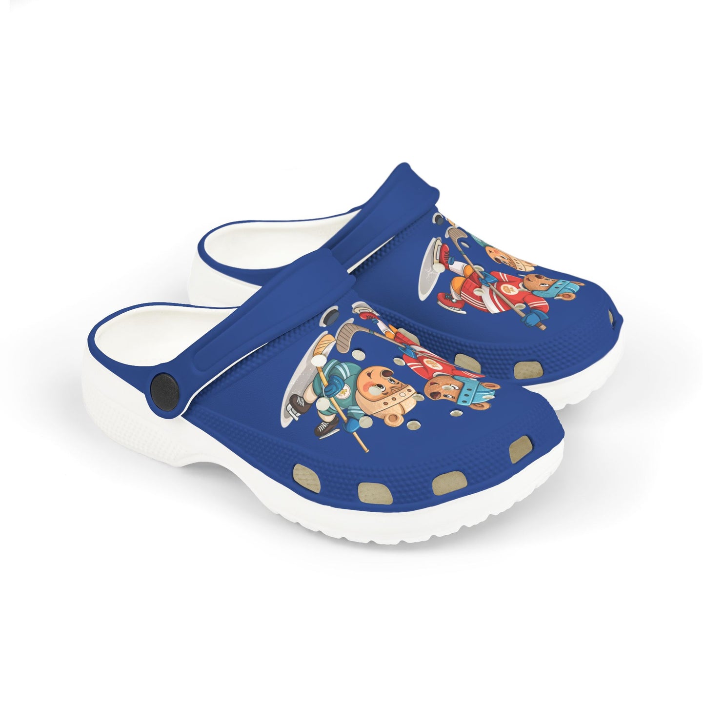 Kids Hockey Bear EVA Foam Clogs — Blue All-Over-Print Slip-On Shoes