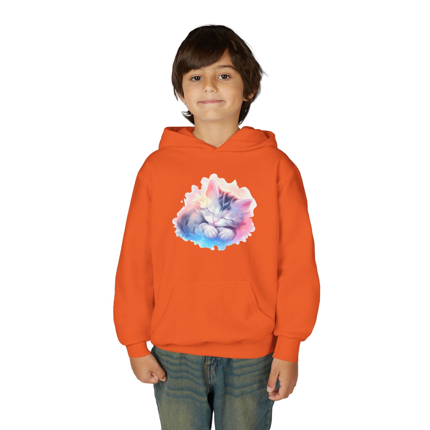 Kids' Cozy Rainbow Kitten Hoodie — Cute Sleeping Cat Youth Sweatshirt