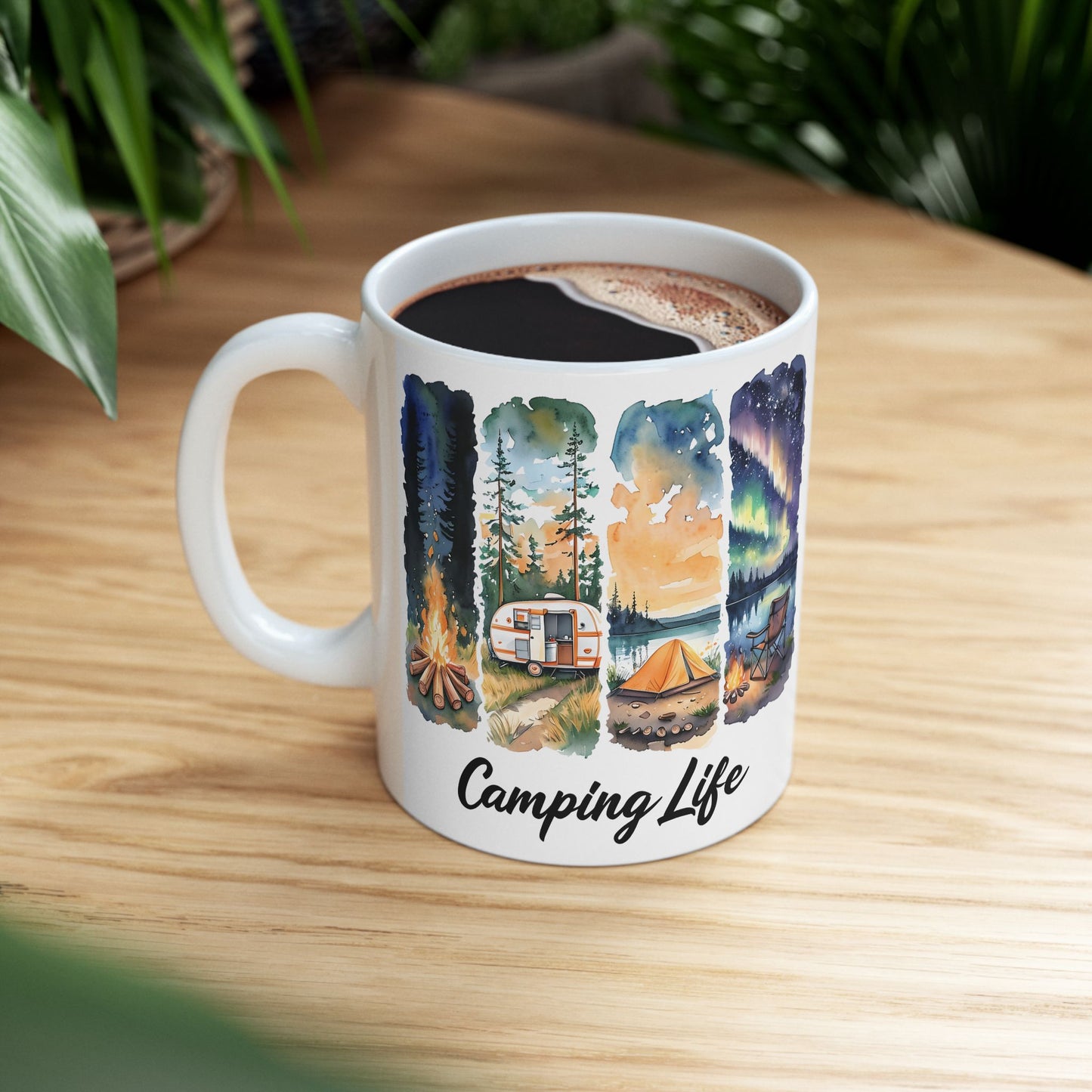 Camping Life Ceramic Mug — Scenic Campfire & Northern Lights Coffee Cup (11oz/15oz)