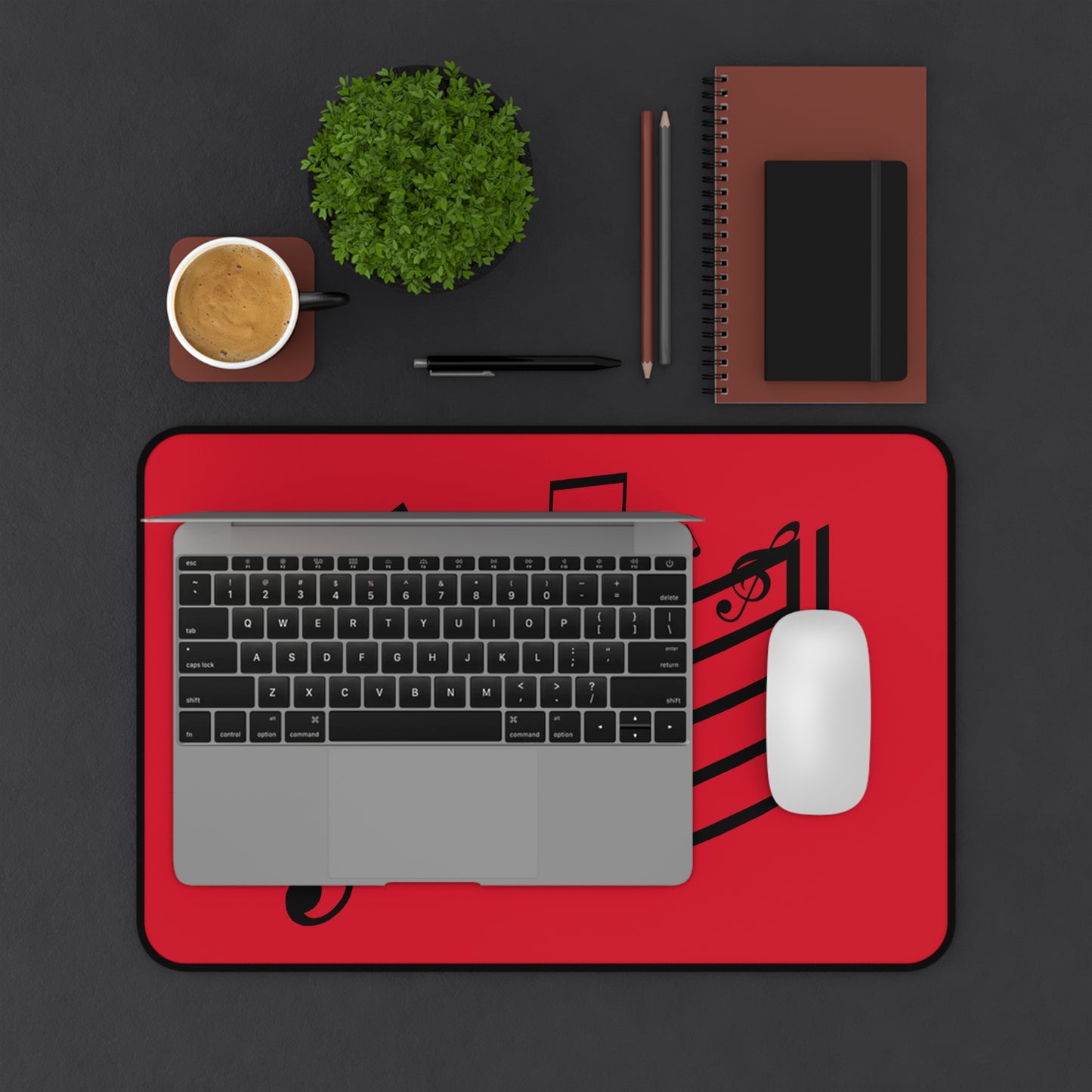 Music Notes Red Desk Mat – Musical Staff Mouse Pad for Musicians & Home Office
