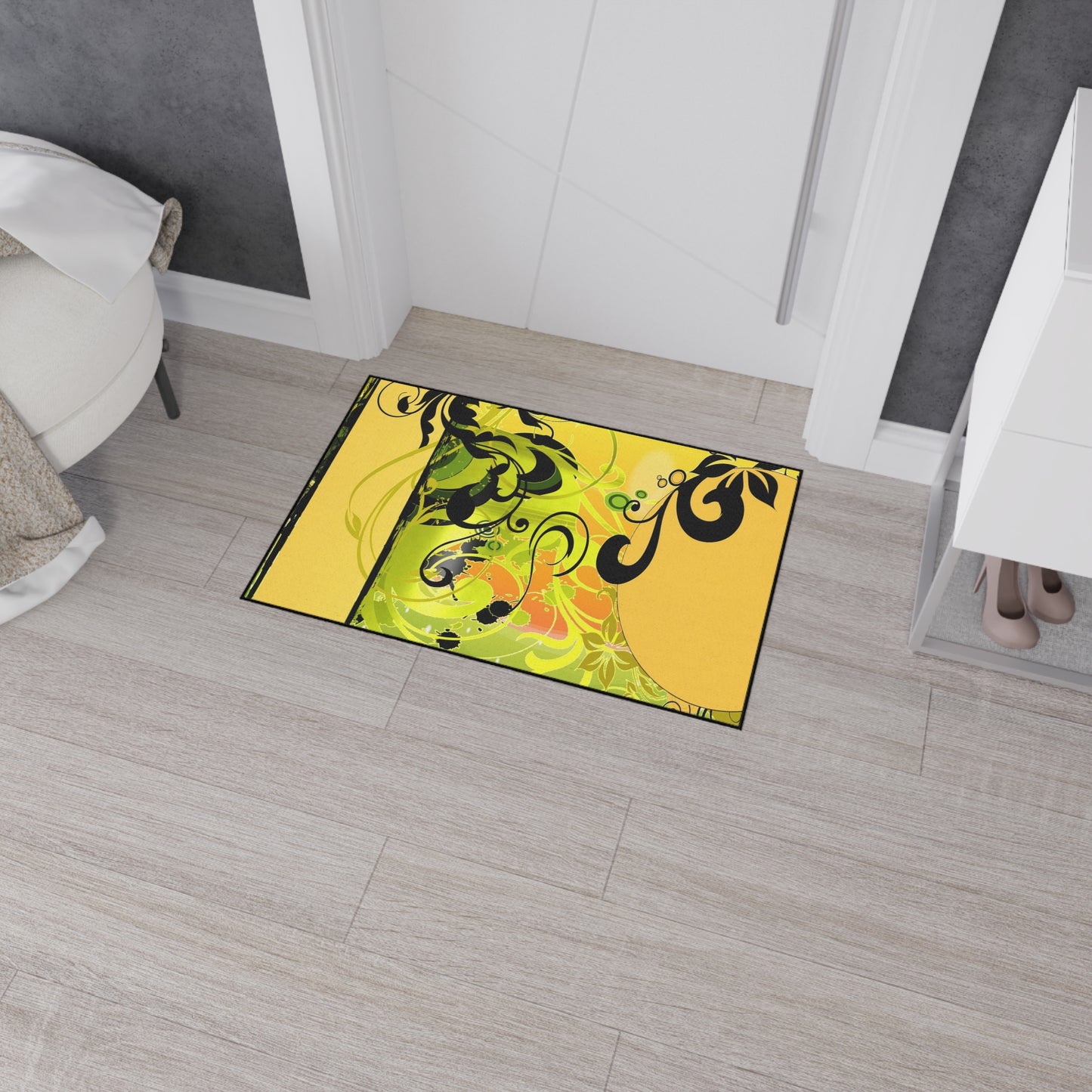 Floral Swirl Heavy Duty Floor Mat — Yellow Green Decorative Entry Rug