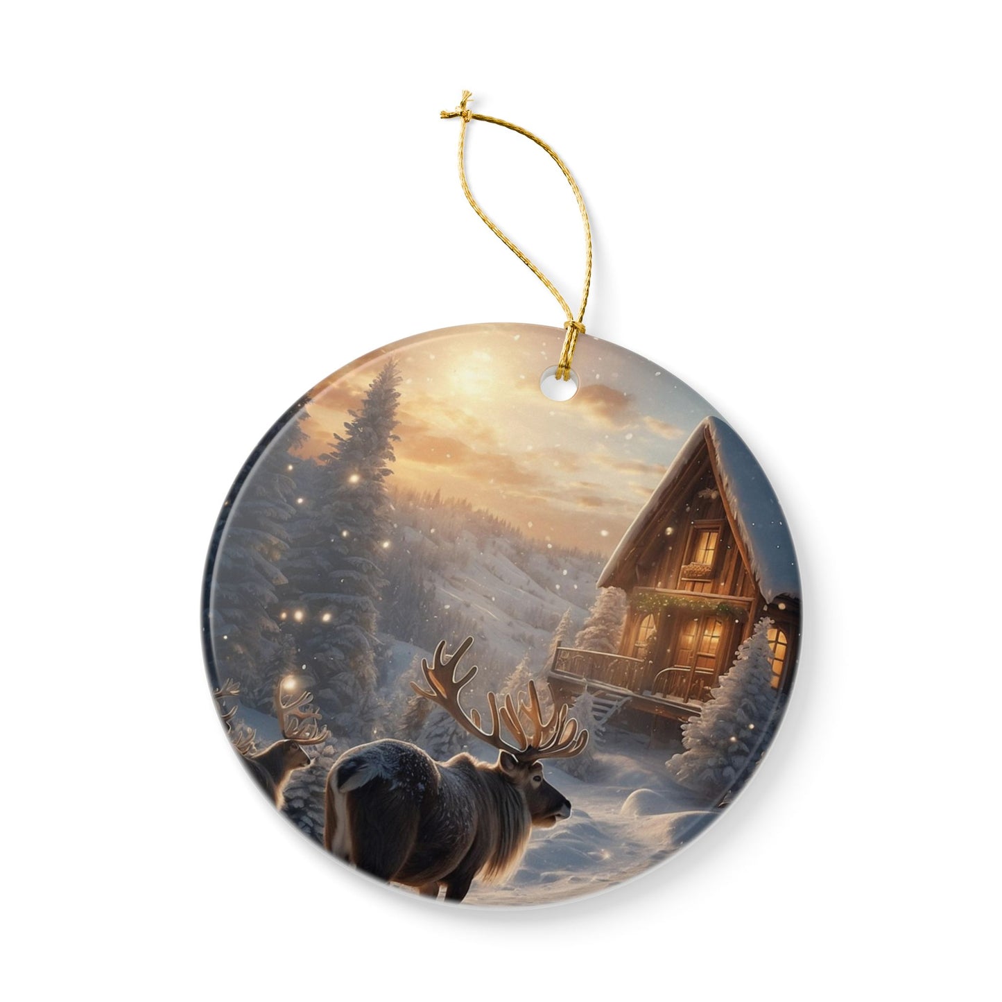 Rustic Winter Cabin Ceramic Ornament — Reindeer Scene Holiday Tree Decoration