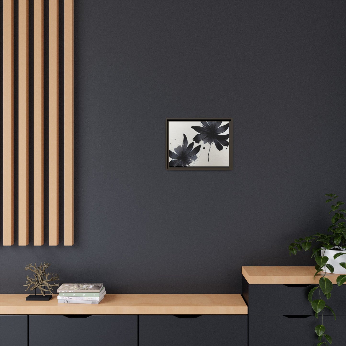 Framed Black Floral Matte Canvas Wall Art — Monochrome Botanical Print