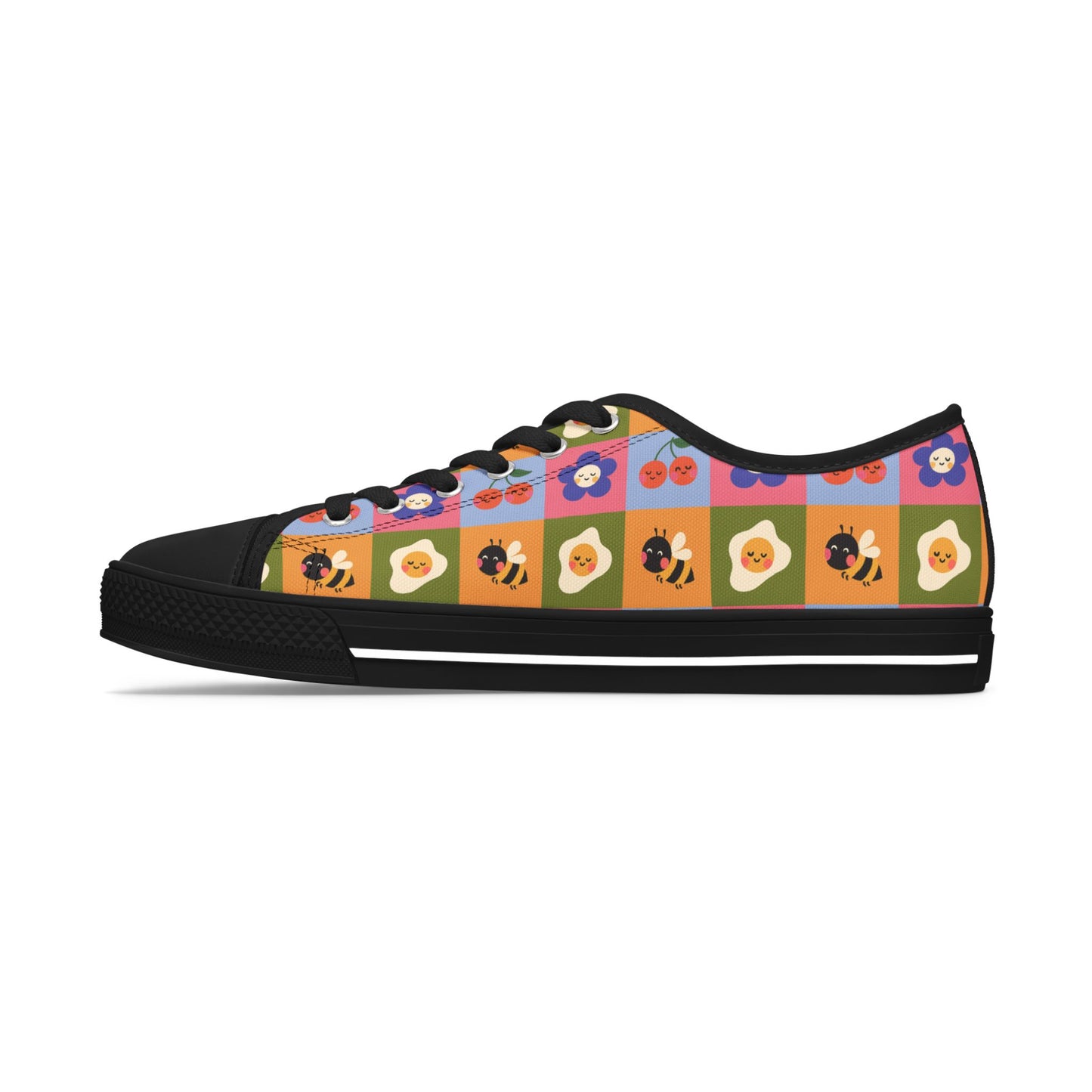 Women's Low Top Sneakers — Retro Floral & Bee Checkerboard Printed Casual Shoes