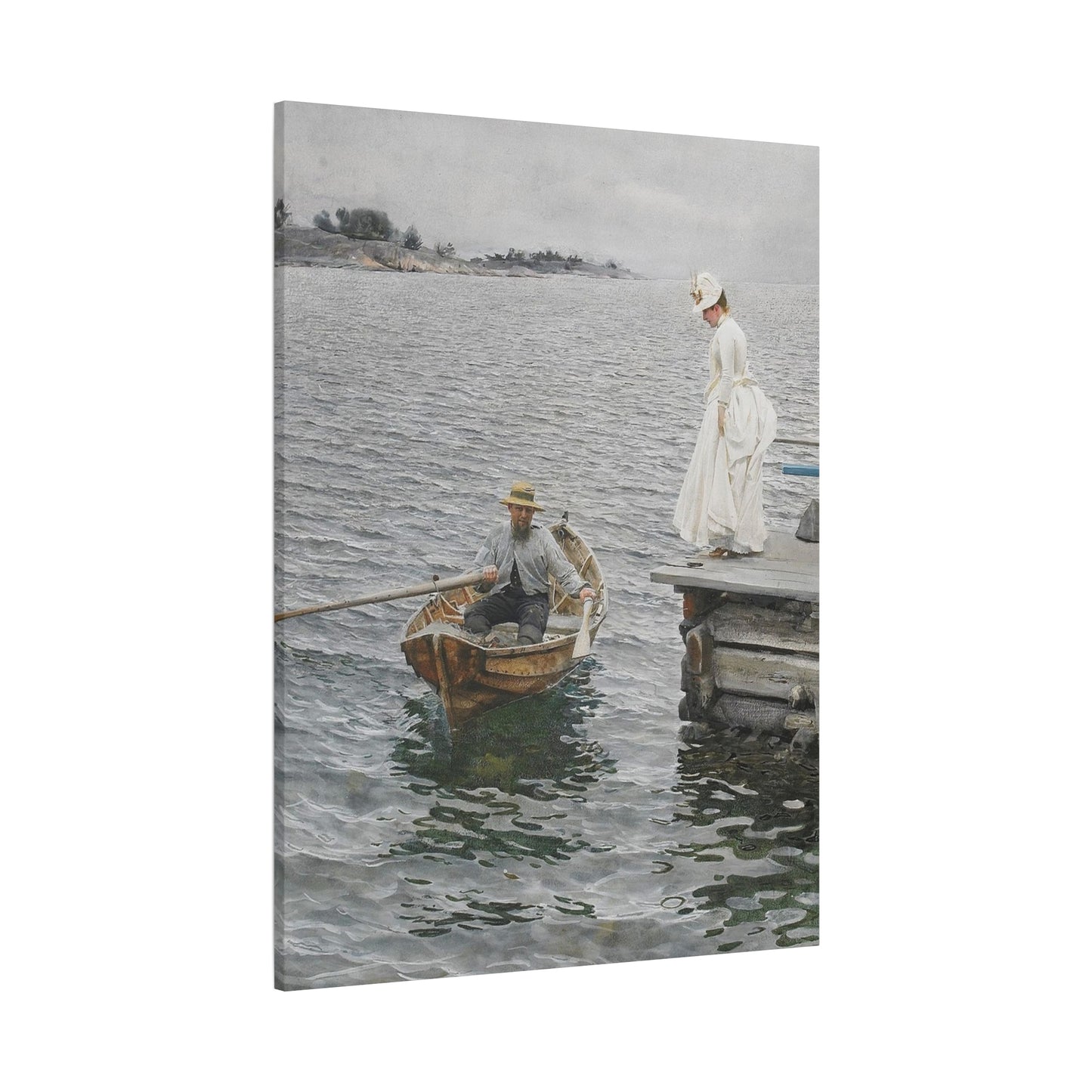 Seaside Stroll Canvas Print — Vintage Woman & Rowboat Matte Stretched Art 1.25"