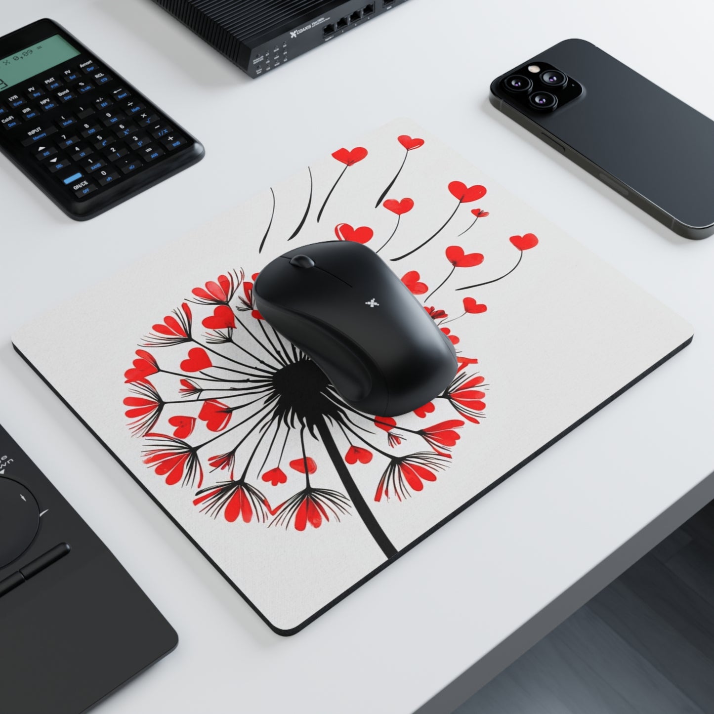 Heart Dandelion Rectangular Mouse Pad — Romantic Floral Desk Mat