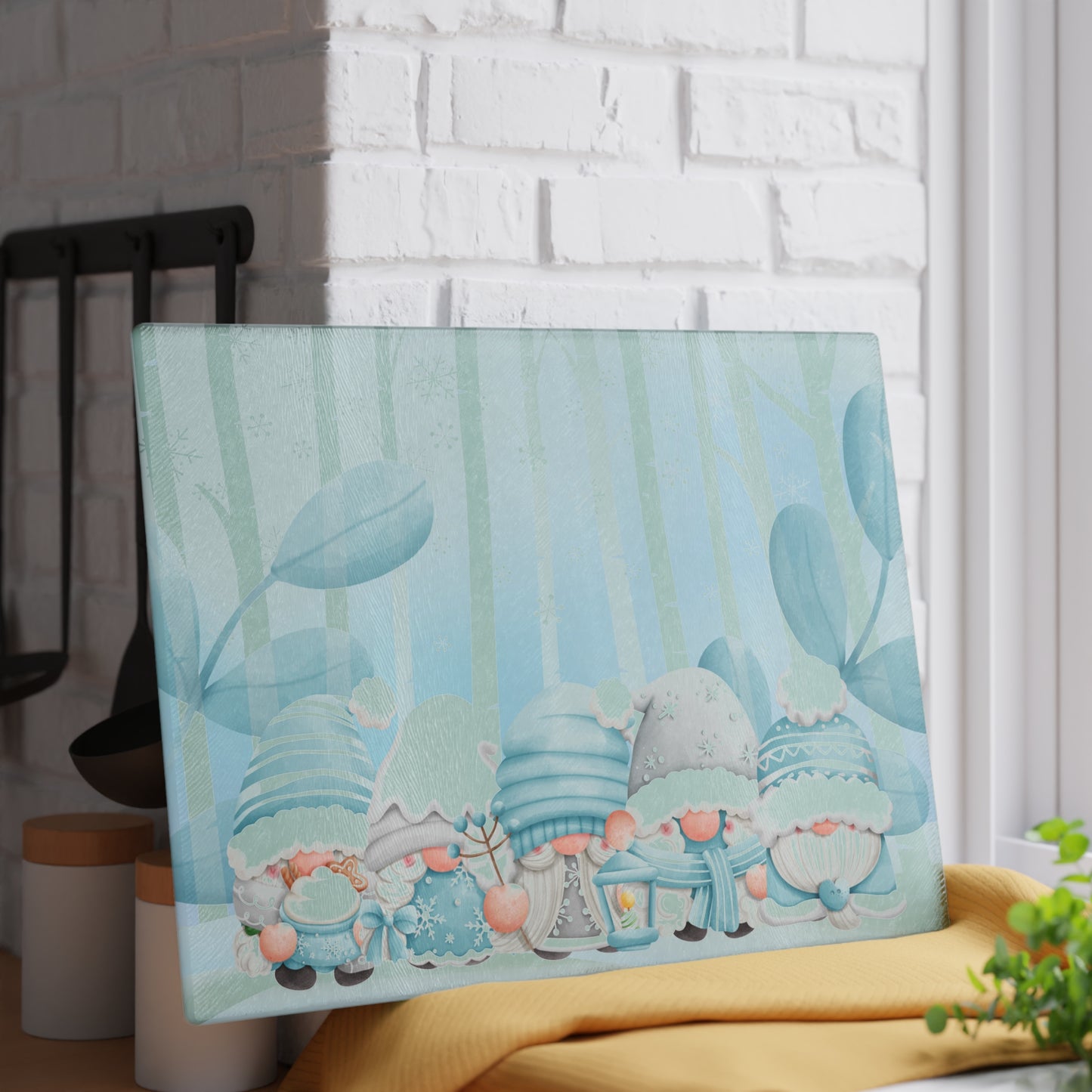 Winter Gnome Glass Cutting Board - Cute Nordic Holiday Kitchen Decor