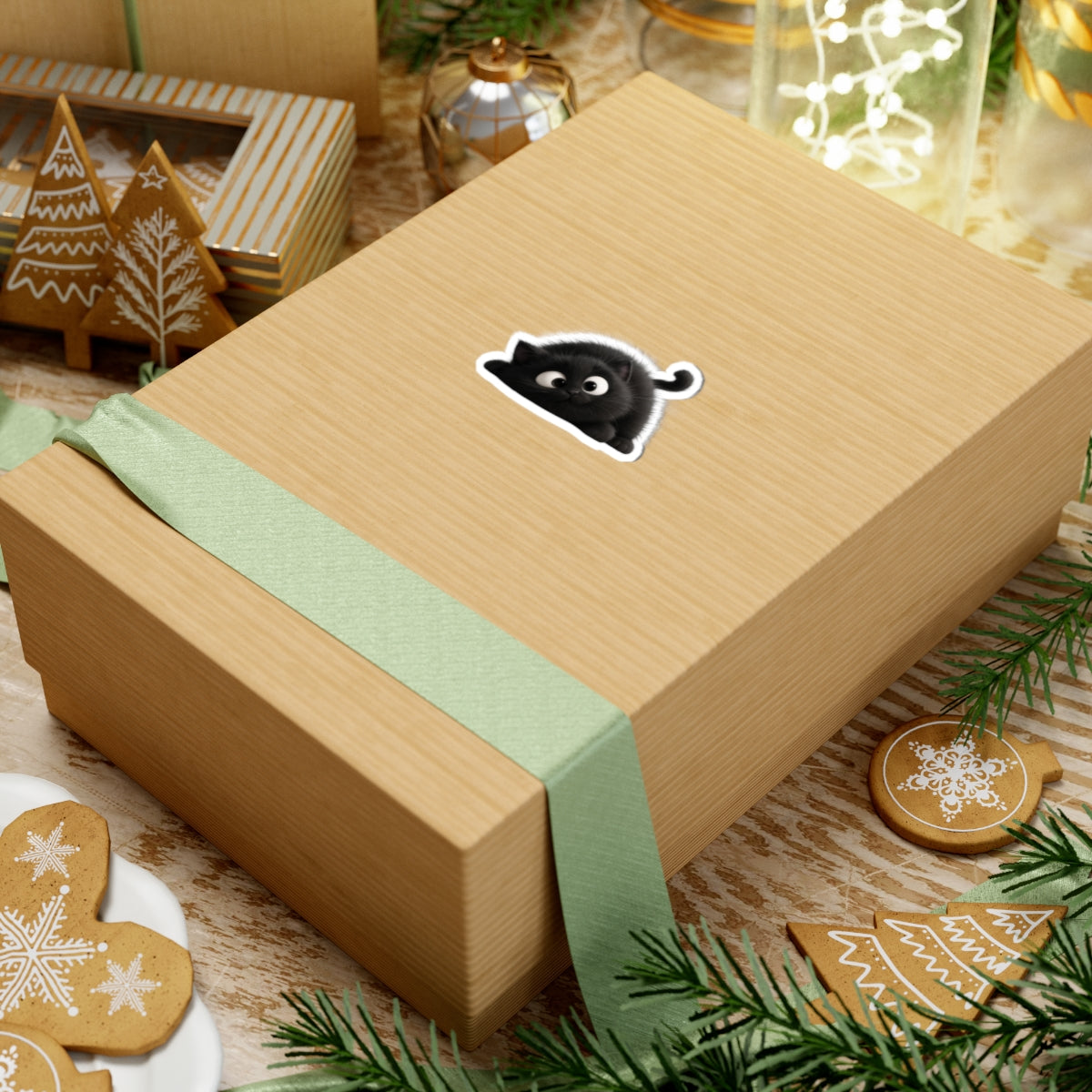 Cute Fluffy Black Kitten Kiss-Cut Sticker — Playful Cat Laptop Decal