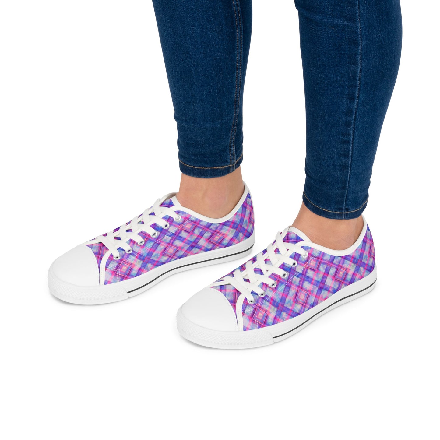 Women's Low Top Sneakers — Pink Purple Plaid Casual Canvas Shoes