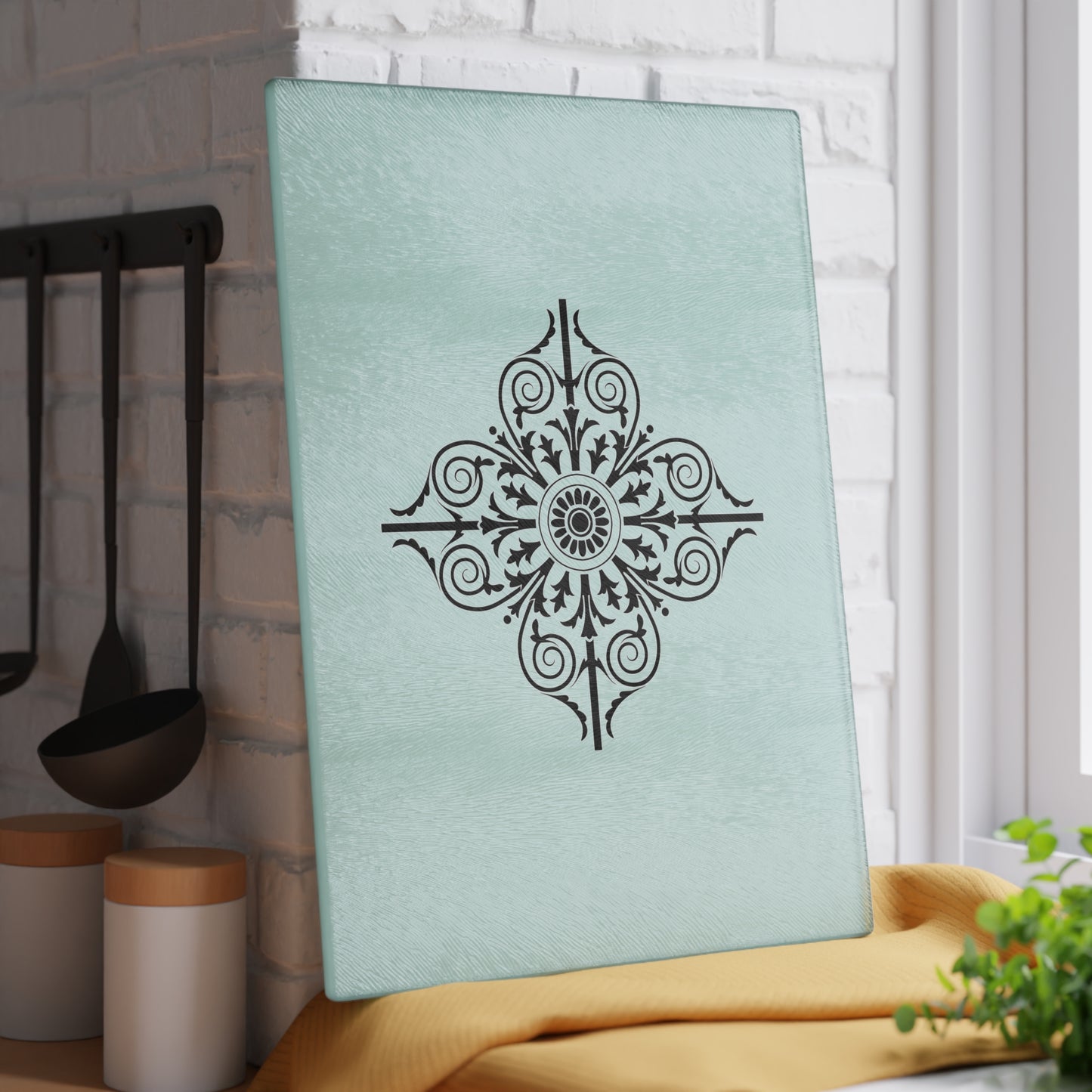 Mint Floral Medallion Glass Cutting Board — Decorative Kitchen Prep Board