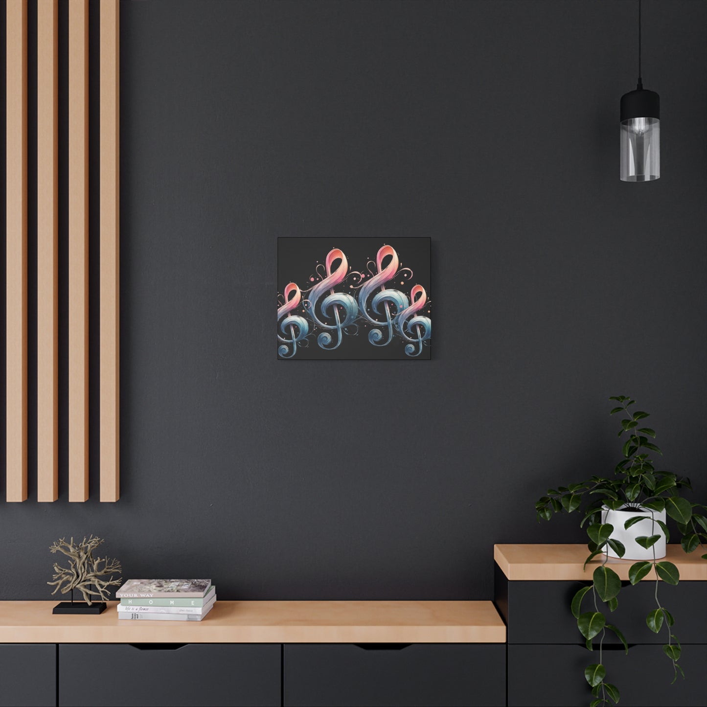 Musical Treble Clef Canvas Wall Art — Pastel Ribbon Notes on Black