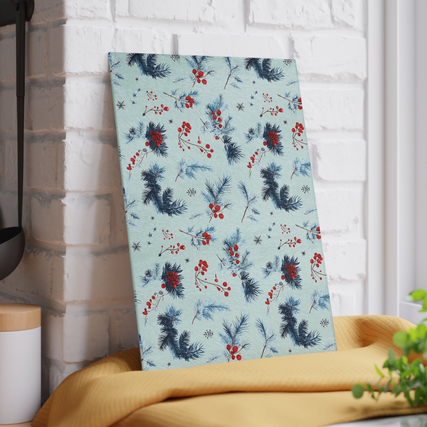 Winter Berries Glass Cutting Board — Festive Pine & Holly Kitchen Cutting Board